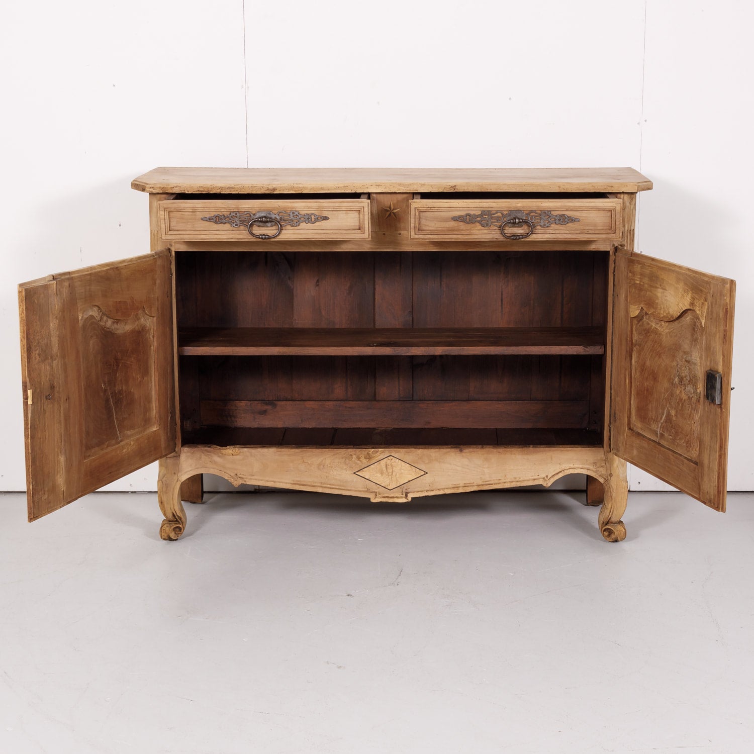 Early 19th Century French Country Louis XV Style Bleached Cherry Buffet with Fruitwood Inlay