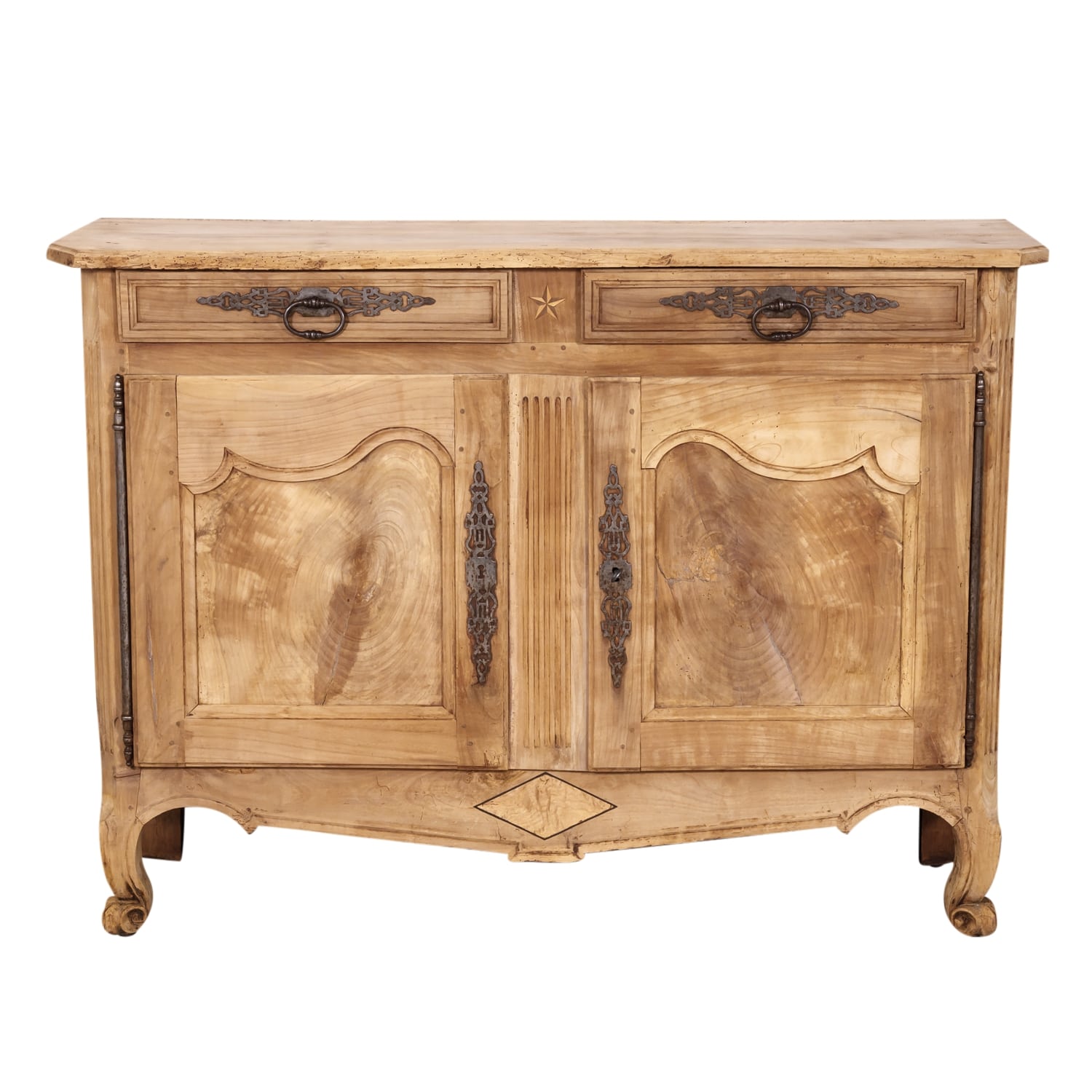 Early 19th Century French Country Louis XV Style Bleached Cherry Buffet with Fruitwood Inlay