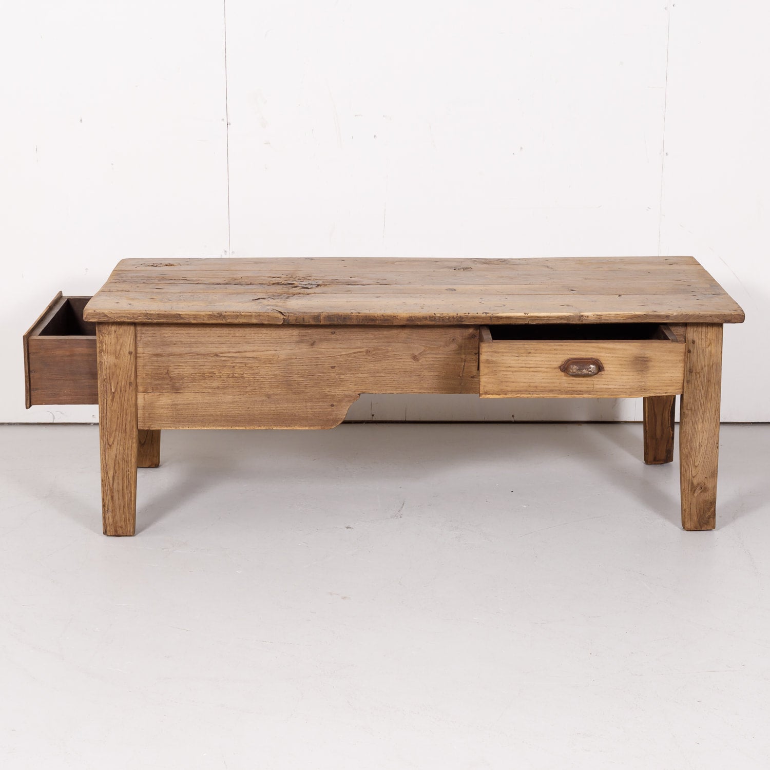 Early 19th Century Country French Bleached Oak Coffee Table with Drawers