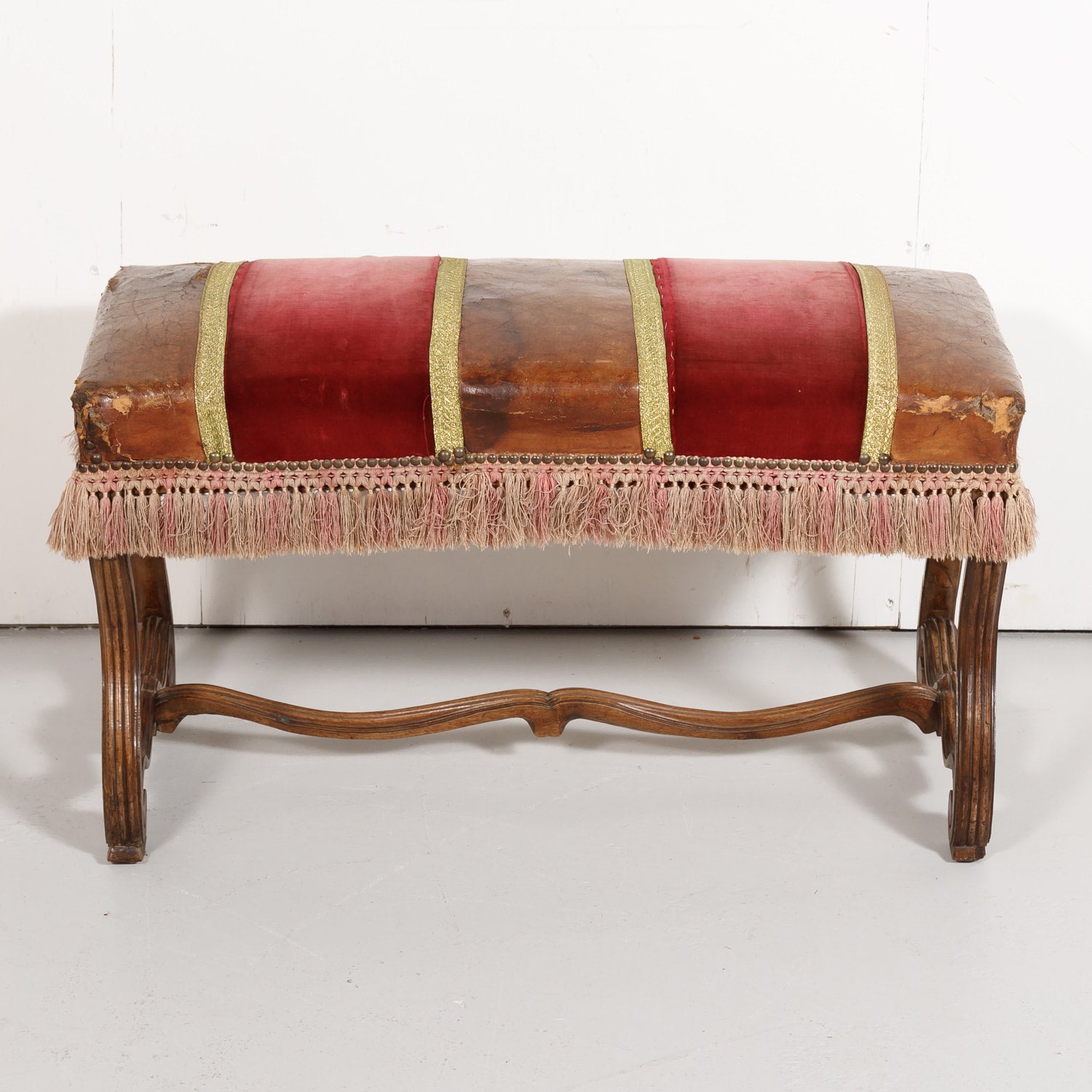 19th Century Spanish Backless Leather and Velvet Louis XIV Style Bench