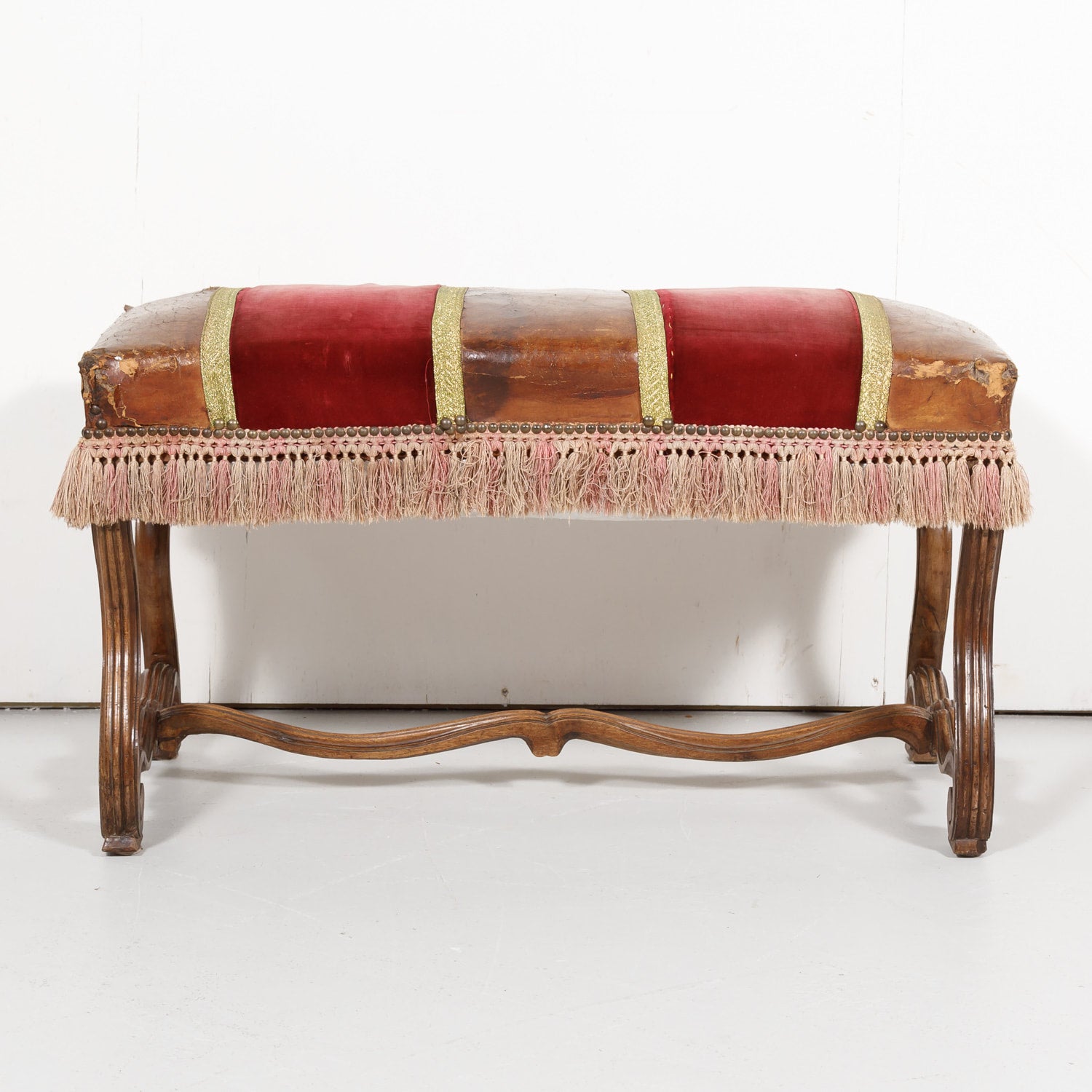 19th Century Spanish Backless Leather and Velvet Louis XIV Style Bench