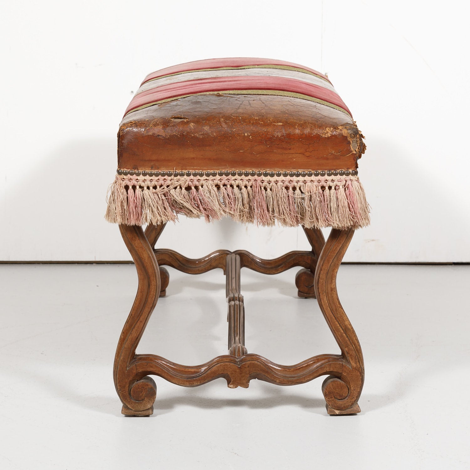 19th Century Spanish Backless Leather and Velvet Louis XIV Style Bench