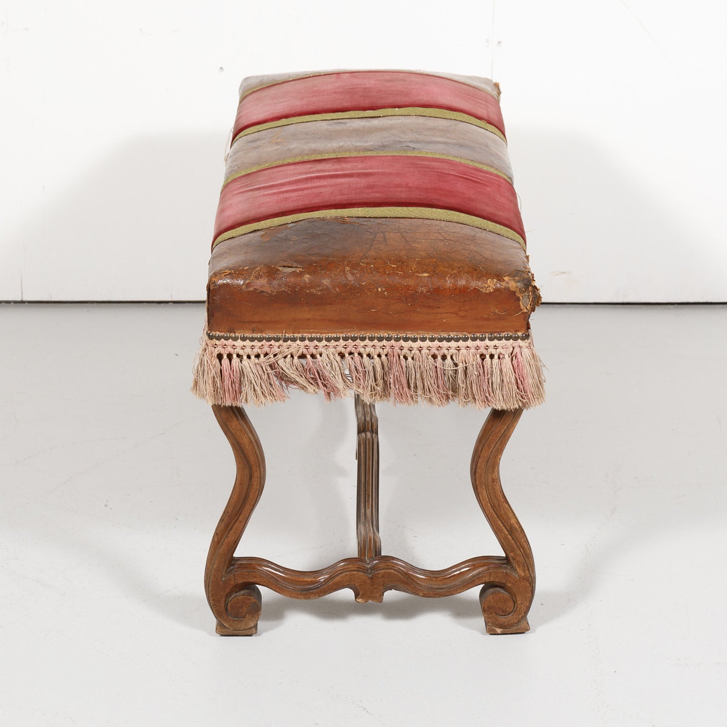 19th Century Spanish Backless Leather and Velvet Louis XIV Style Bench