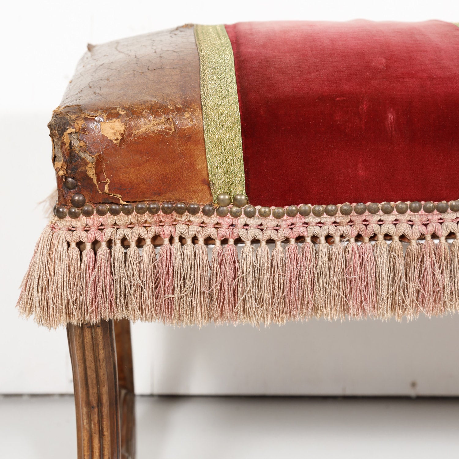 19th Century Spanish Backless Leather and Velvet Louis XIV Style Bench