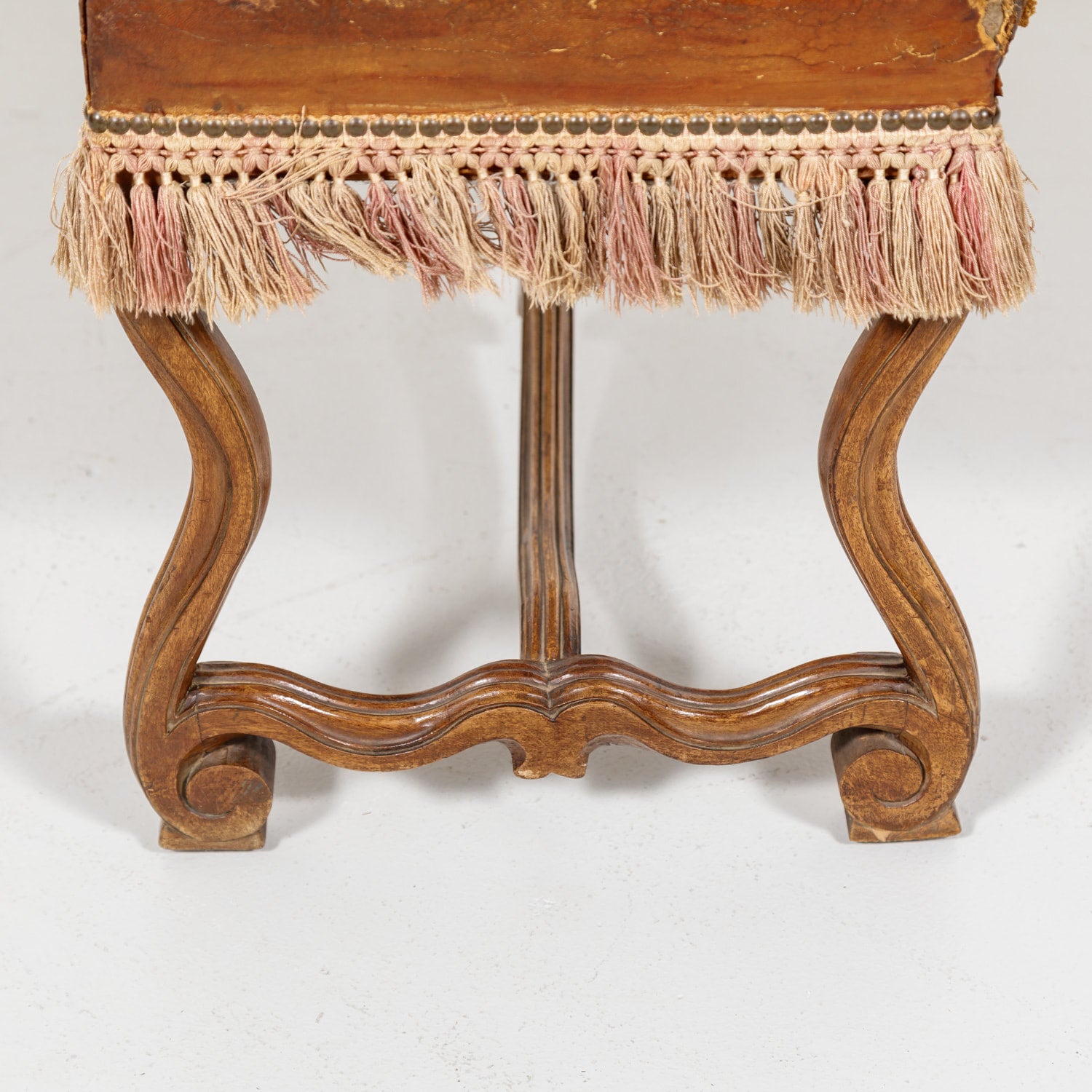 19th Century Spanish Backless Leather and Velvet Louis XIV Style Bench