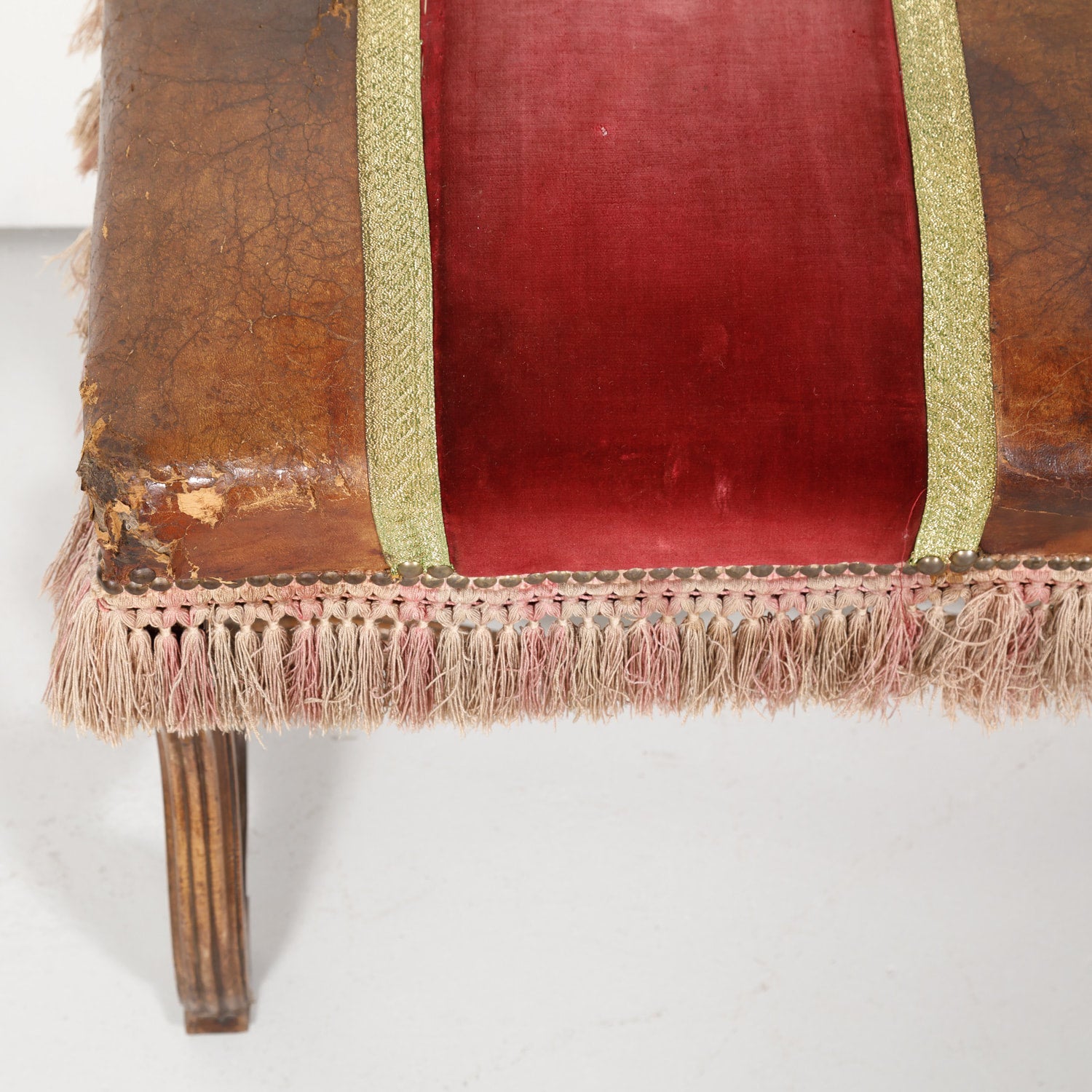 19th Century Spanish Backless Leather and Velvet Louis XIV Style Bench