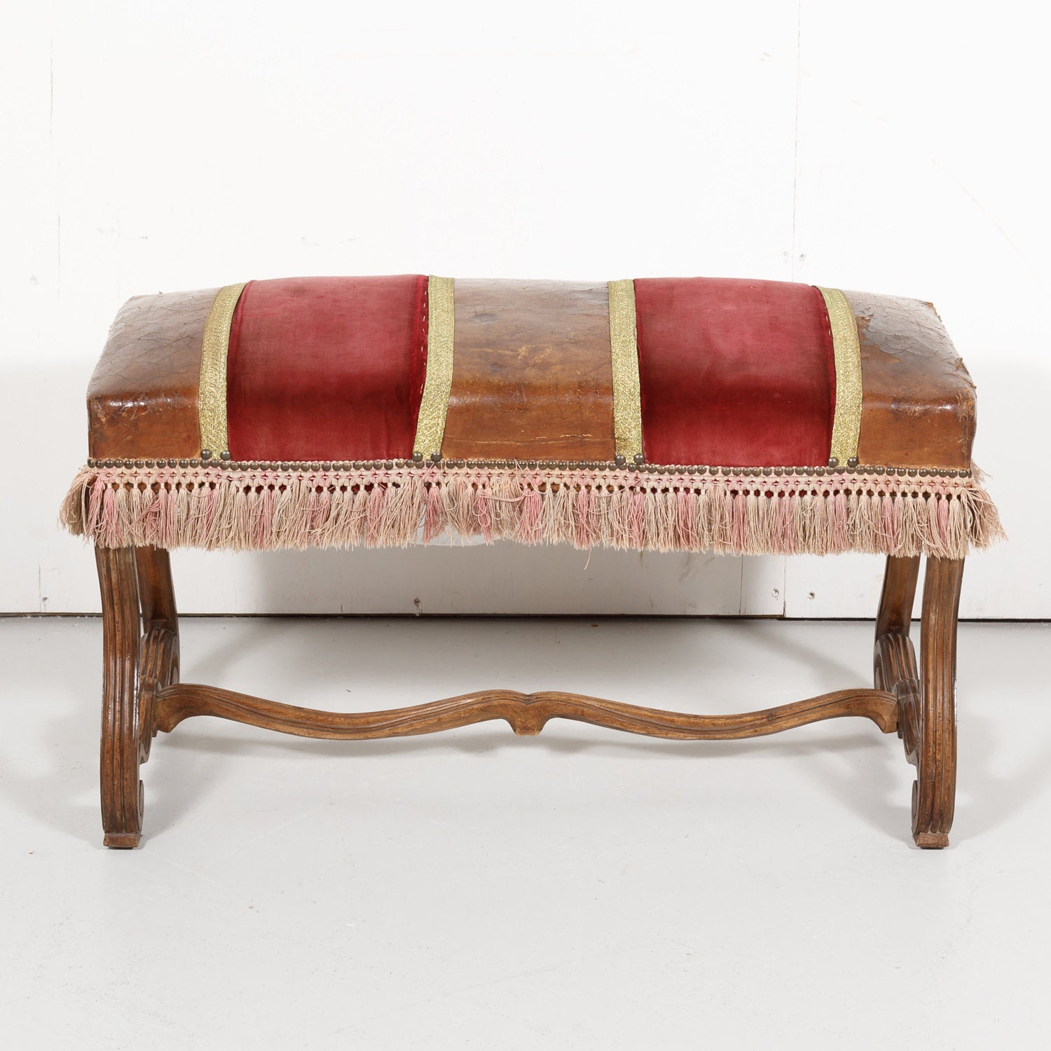 19th Century Spanish Backless Leather and Velvet Louis XIV Style Bench