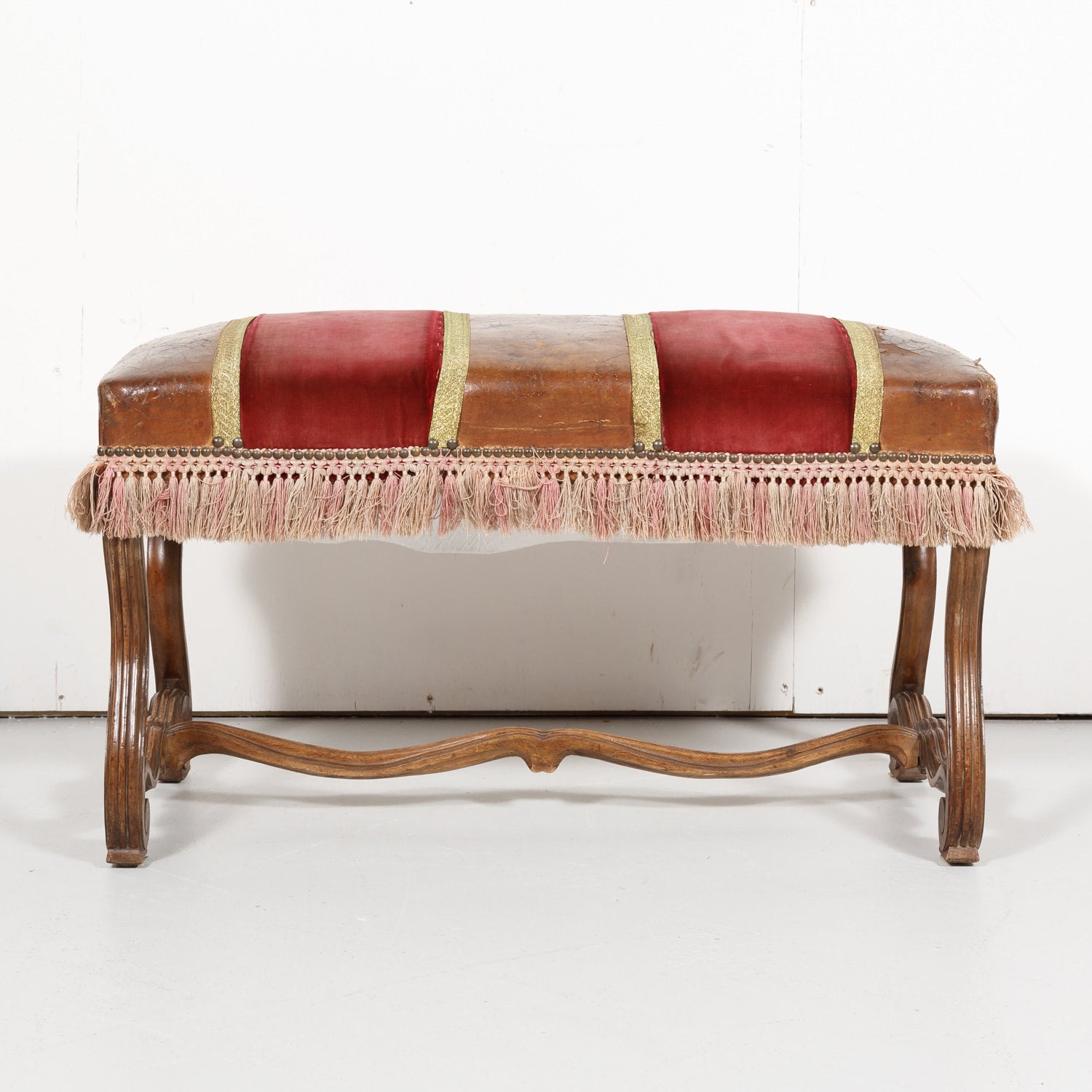 19th Century Spanish Backless Leather and Velvet Louis XIV Style Bench