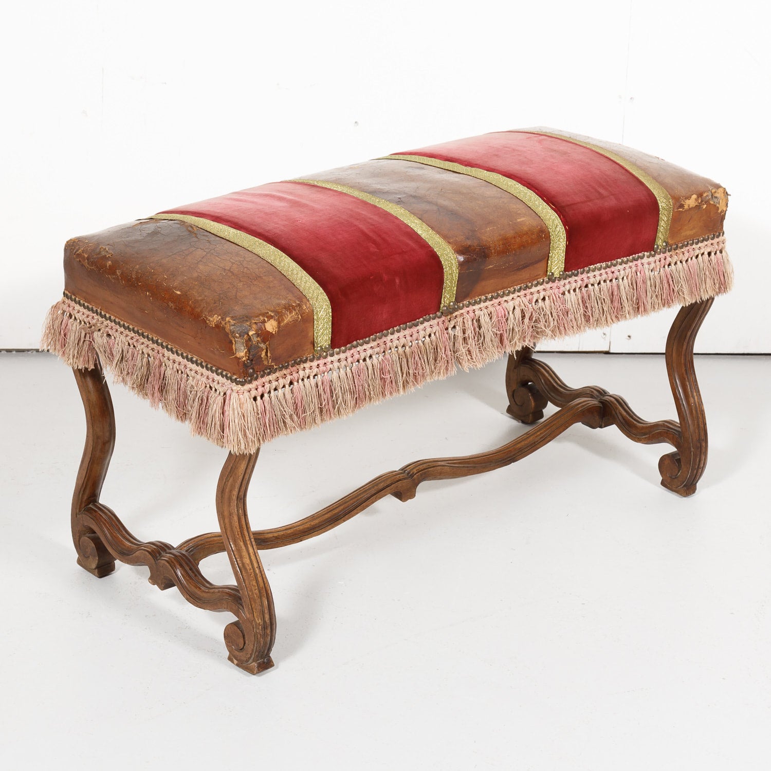 19th Century Spanish Backless Leather and Velvet Louis XIV Style Bench