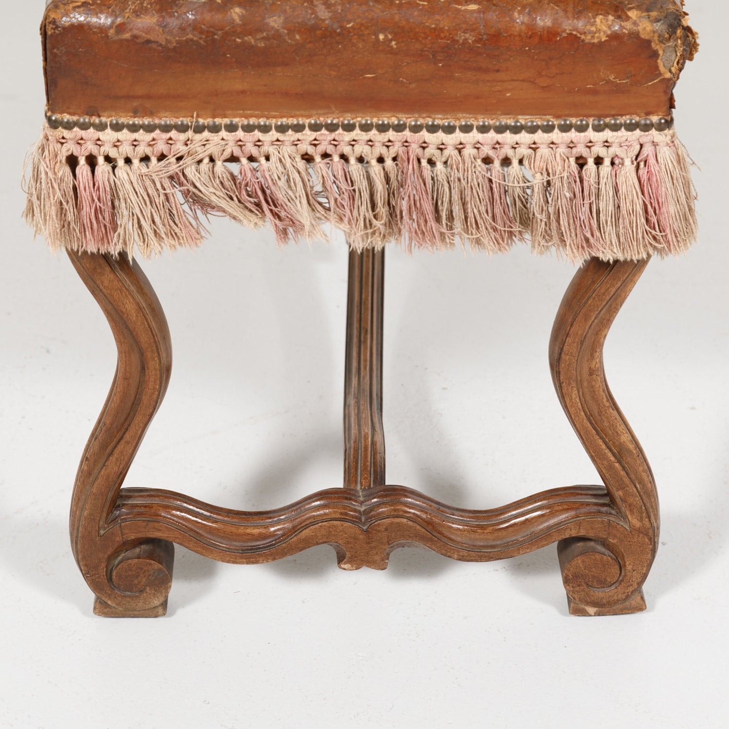 19th Century Spanish Backless Leather and Velvet Louis XIV Style Bench