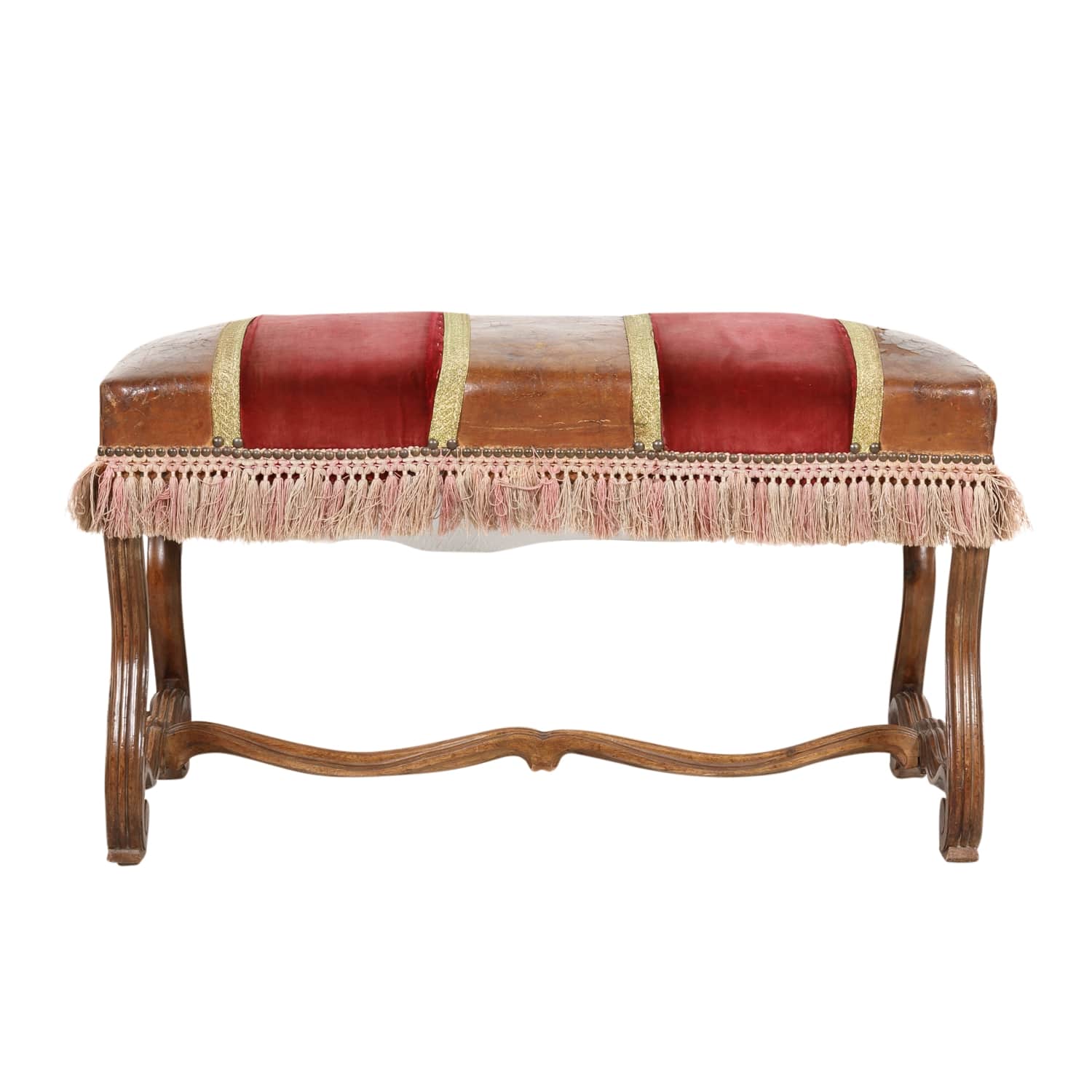 19th Century Spanish Backless Leather and Velvet Louis XIV Style Bench