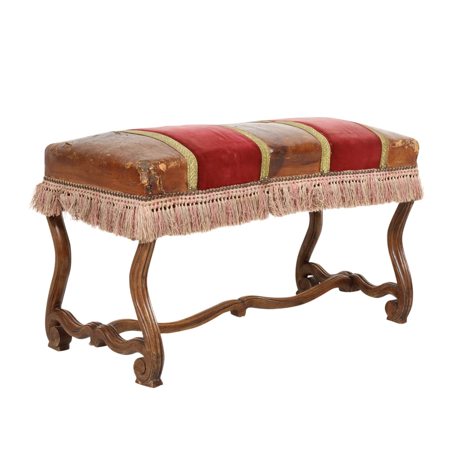 19th Century Spanish Backless Leather and Velvet Louis XIV Style Bench