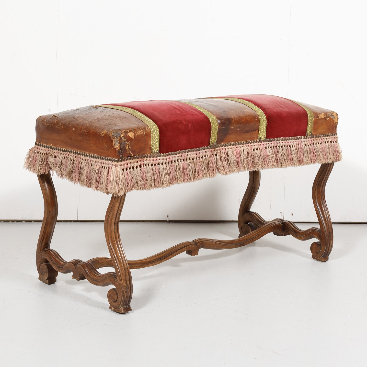 19th Century Spanish Backless Leather and Velvet Louis XIV Style Bench