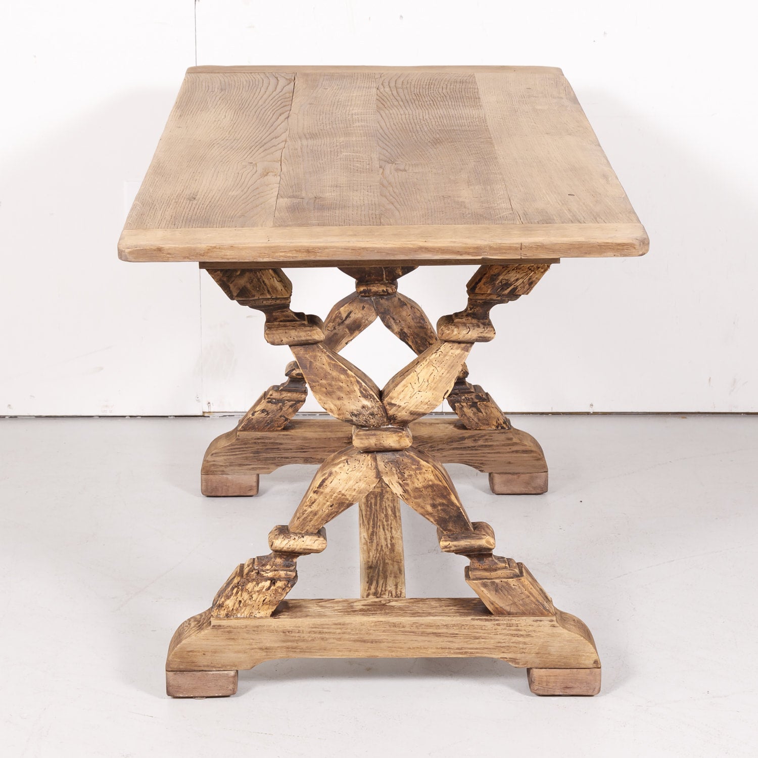19th Century Bleached Oak and Walnut X-Base Trestle Dining Table or Console Table