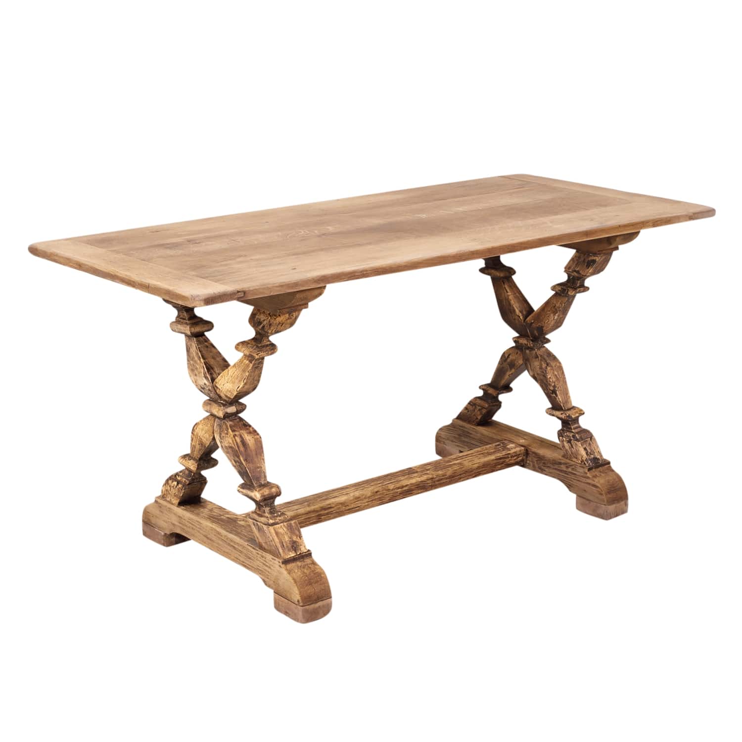 19th Century Bleached Oak and Walnut X-Base Trestle Dining Table or Console Table