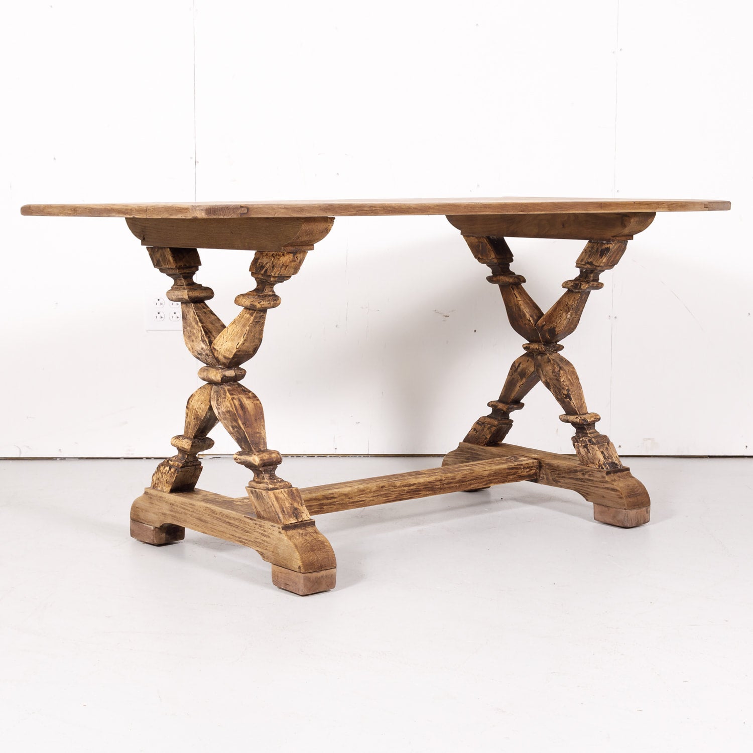 19th Century Bleached Oak and Walnut X-Base Trestle Dining Table or Console Table