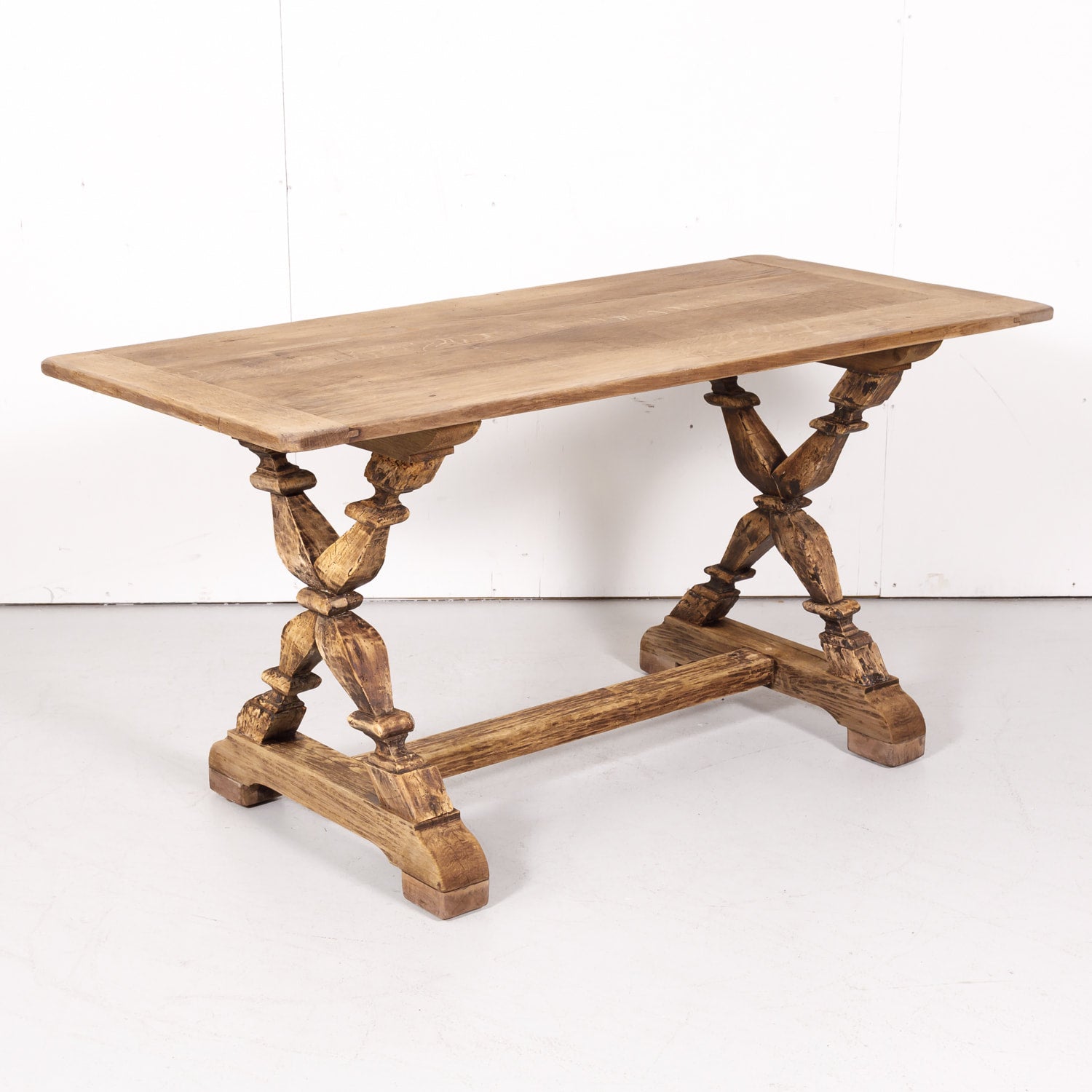 19th Century Bleached Oak and Walnut X-Base Trestle Dining Table or Console Table