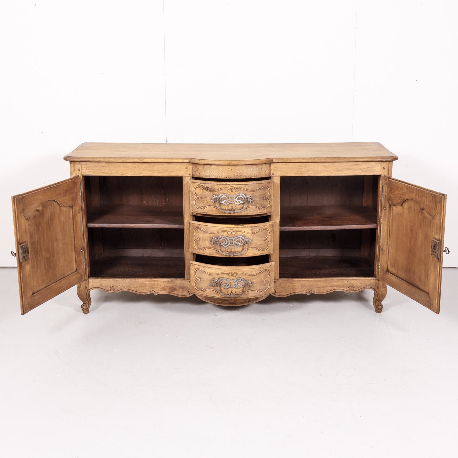 Antique French Country Louis XV Style Bleached Oak Bow Front Enfilade Buffet