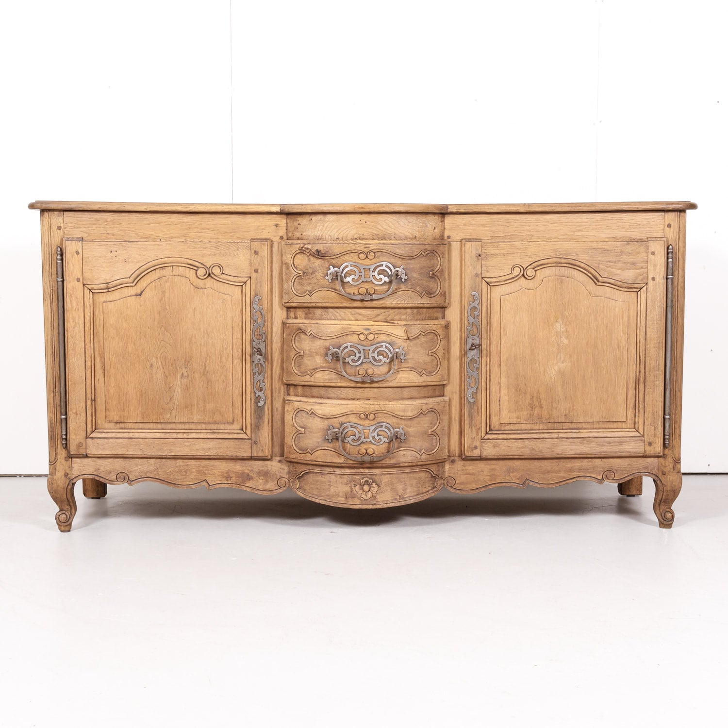 Antique French Country Louis XV Style Bleached Oak Bow Front Enfilade Buffet