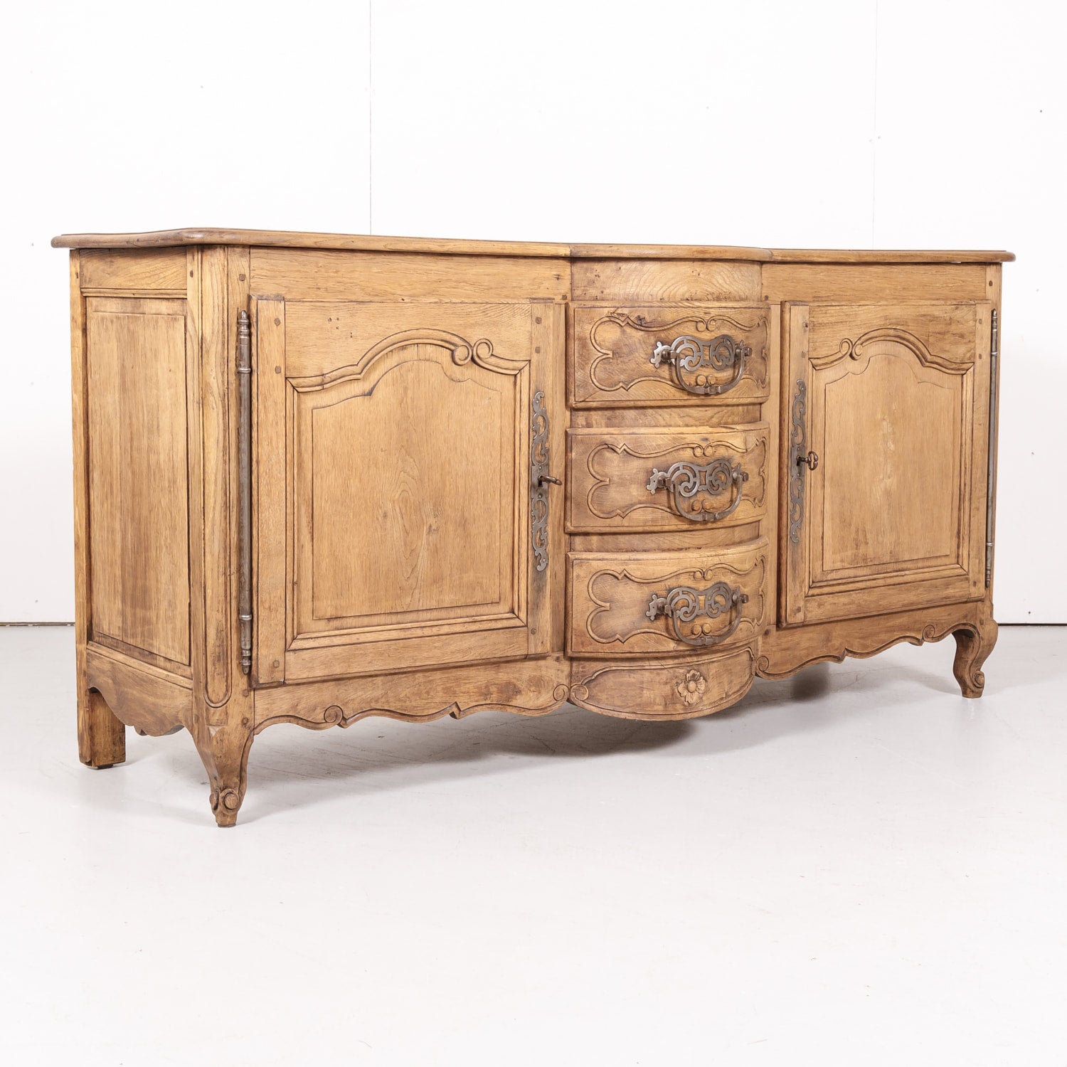 Antique French Country Louis XV Style Bleached Oak Bow Front Enfilade Buffet