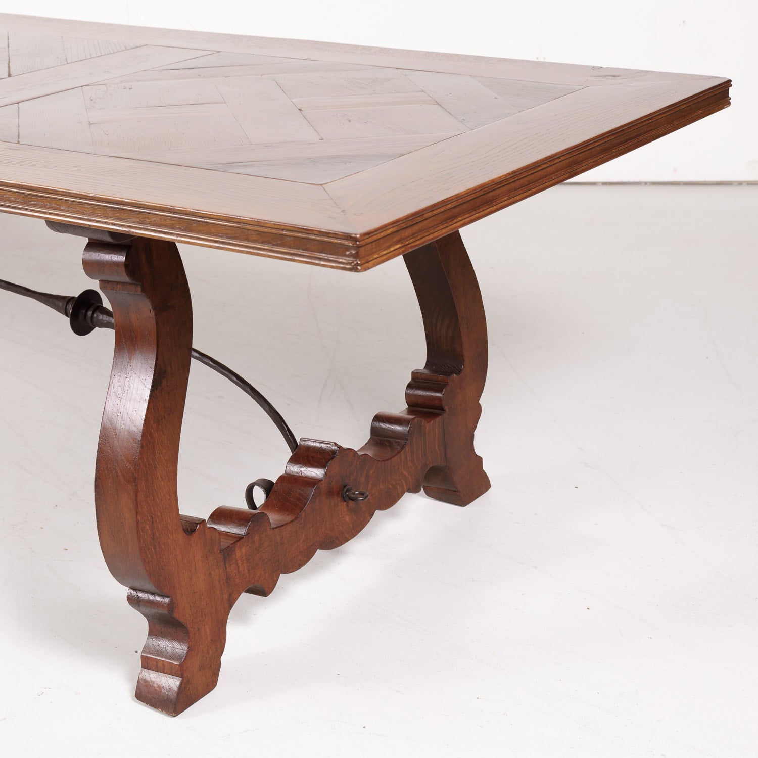 Impressive Antique French Walnut Trestle Table with Parquet de Versailles Top and Iron Stretcher