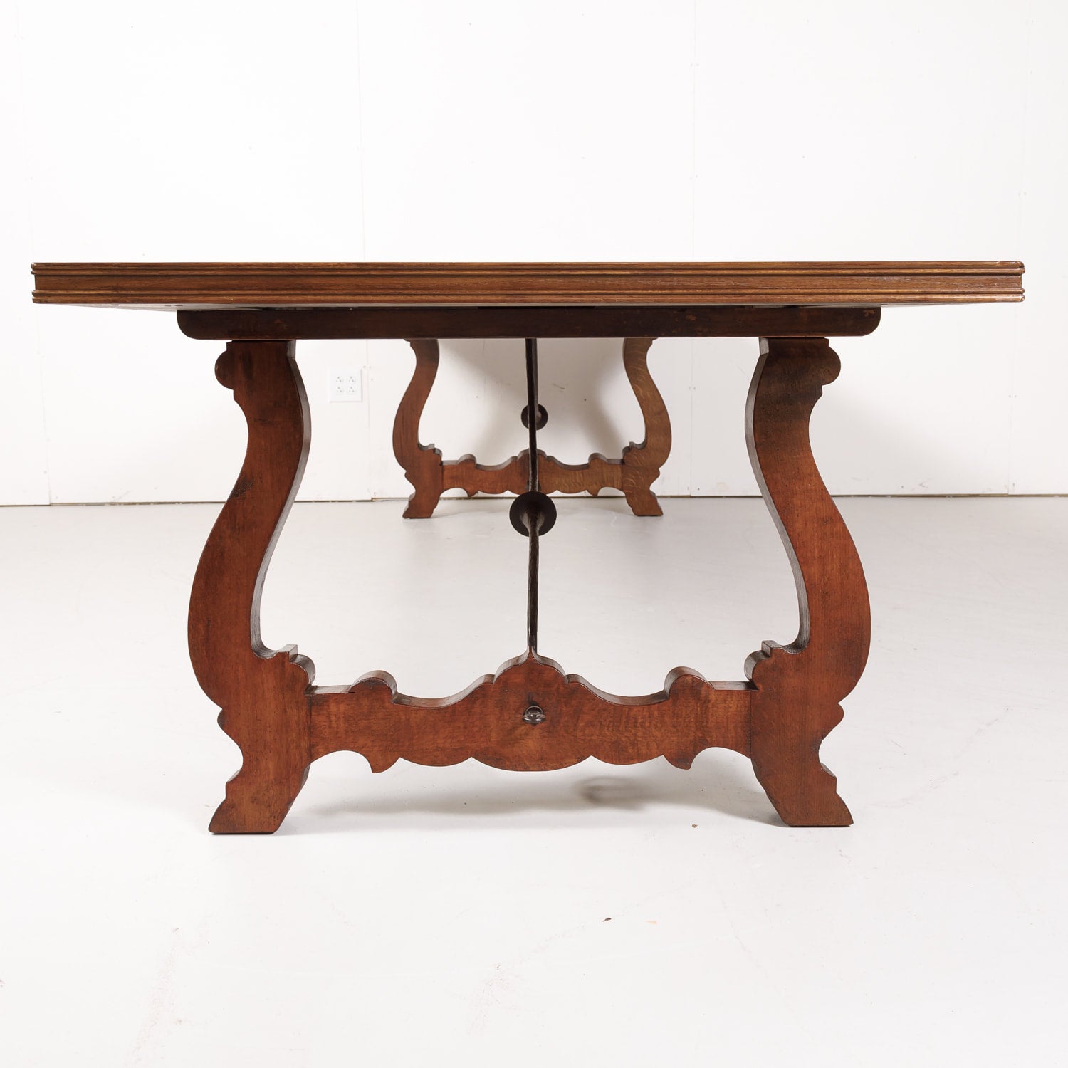 Impressive Antique French Walnut Trestle Table with Parquet de Versailles Top and Iron Stretcher