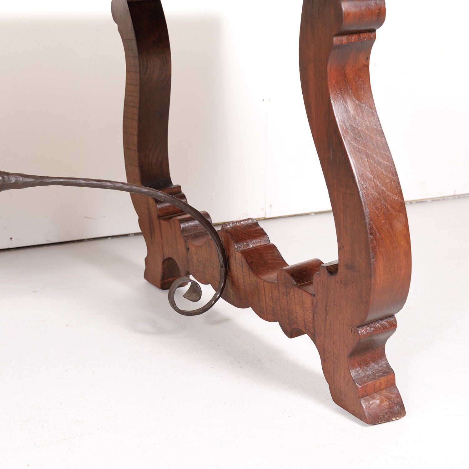 Impressive Antique French Walnut Trestle Table with Parquet de Versailles Top and Iron Stretcher