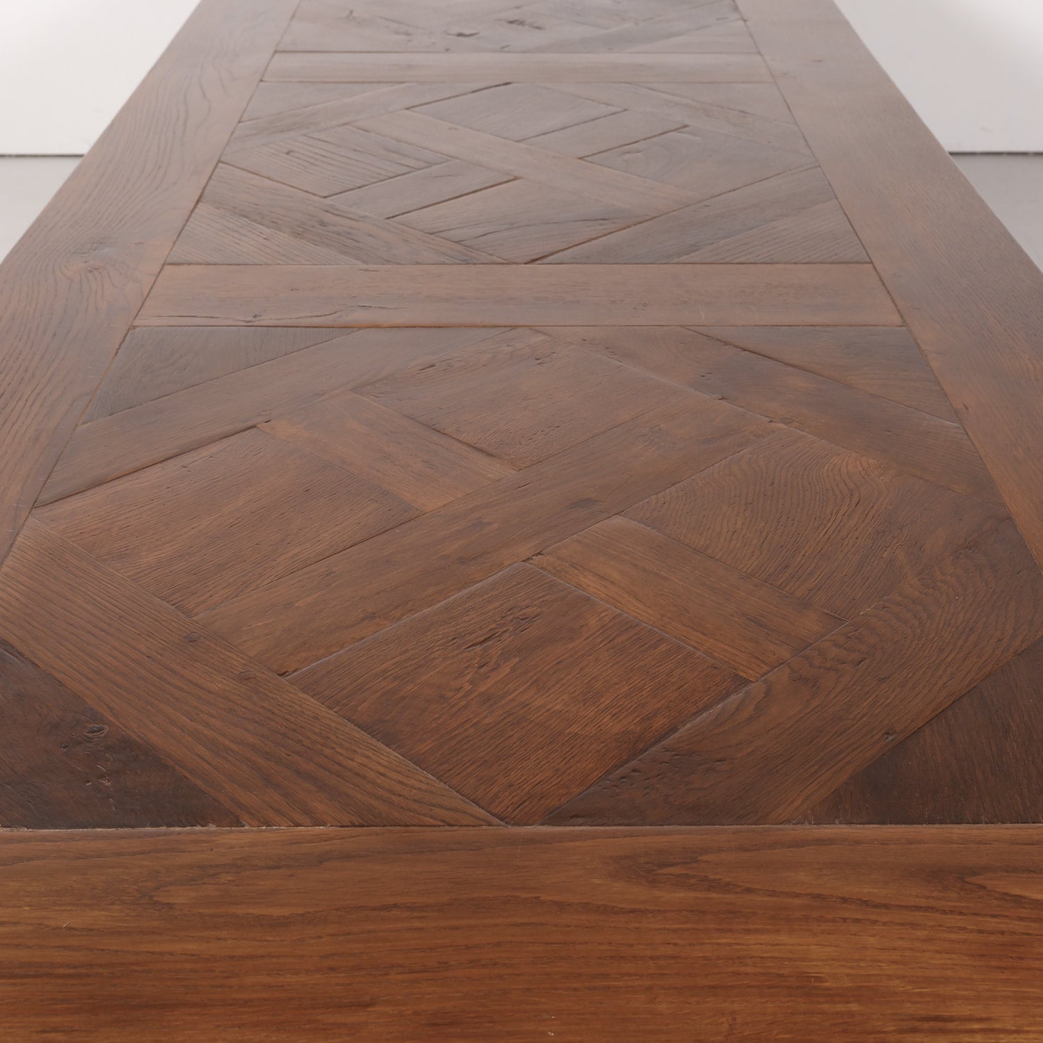 Impressive Antique French Walnut Trestle Table with Parquet de Versailles Top and Iron Stretcher