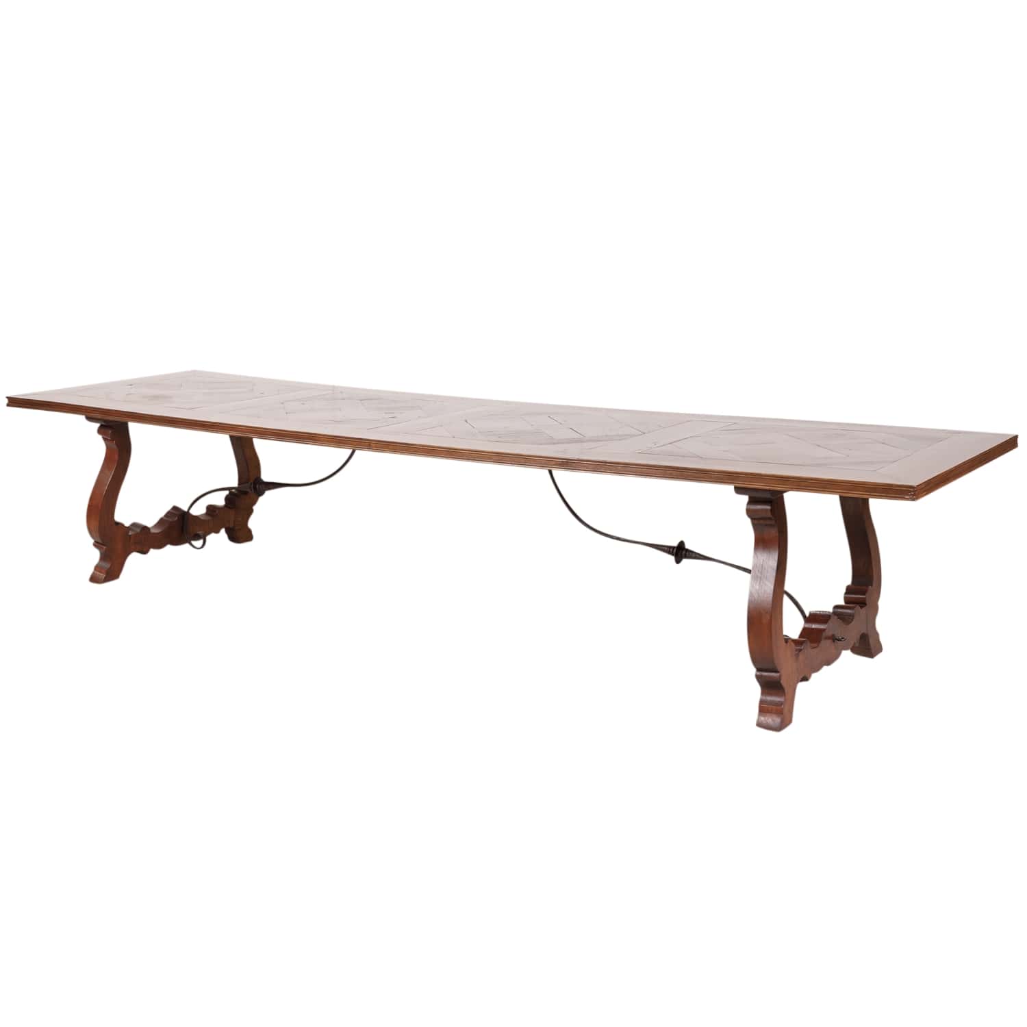 Impressive Antique French Walnut Trestle Table with Parquet de Versailles Top and Iron Stretcher