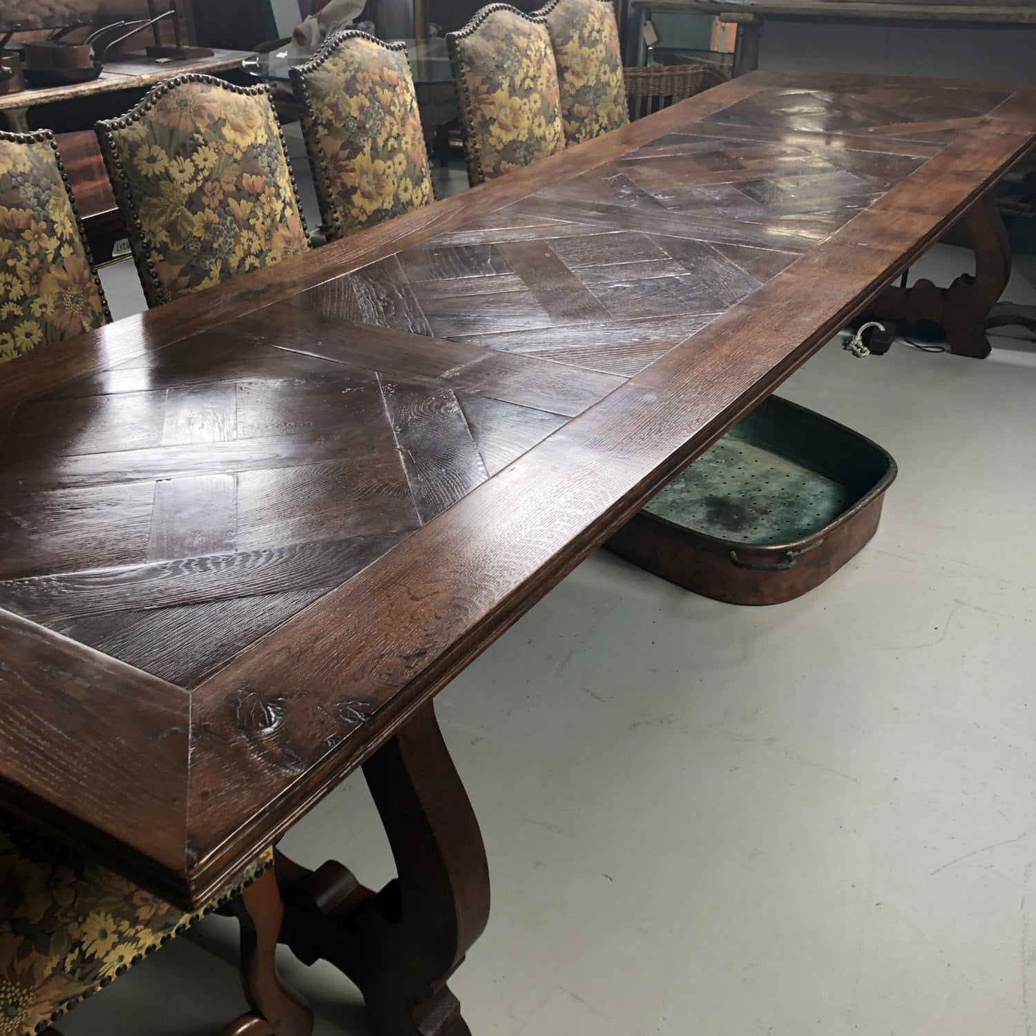 Impressive Antique French Walnut Trestle Table with Parquet de Versailles Top and Iron Stretcher