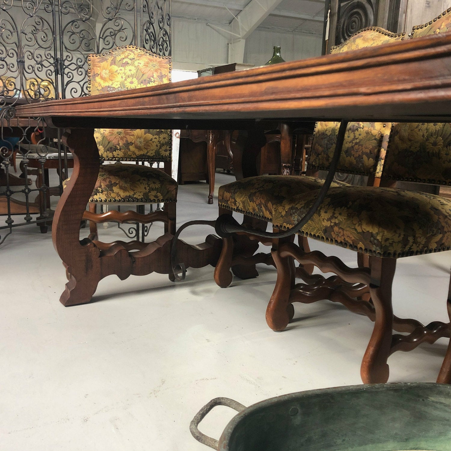 Impressive Antique French Walnut Trestle Table with Parquet de Versailles Top and Iron Stretcher