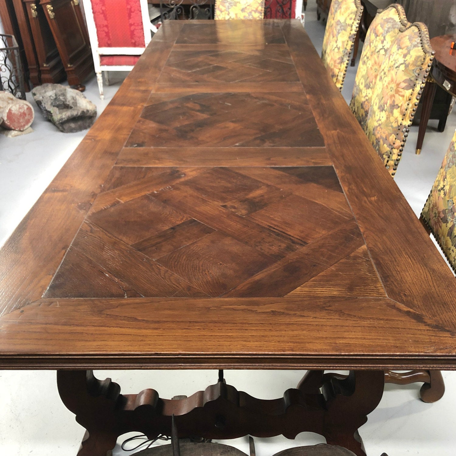 Impressive Antique French Walnut Trestle Table with Parquet de Versailles Top and Iron Stretcher