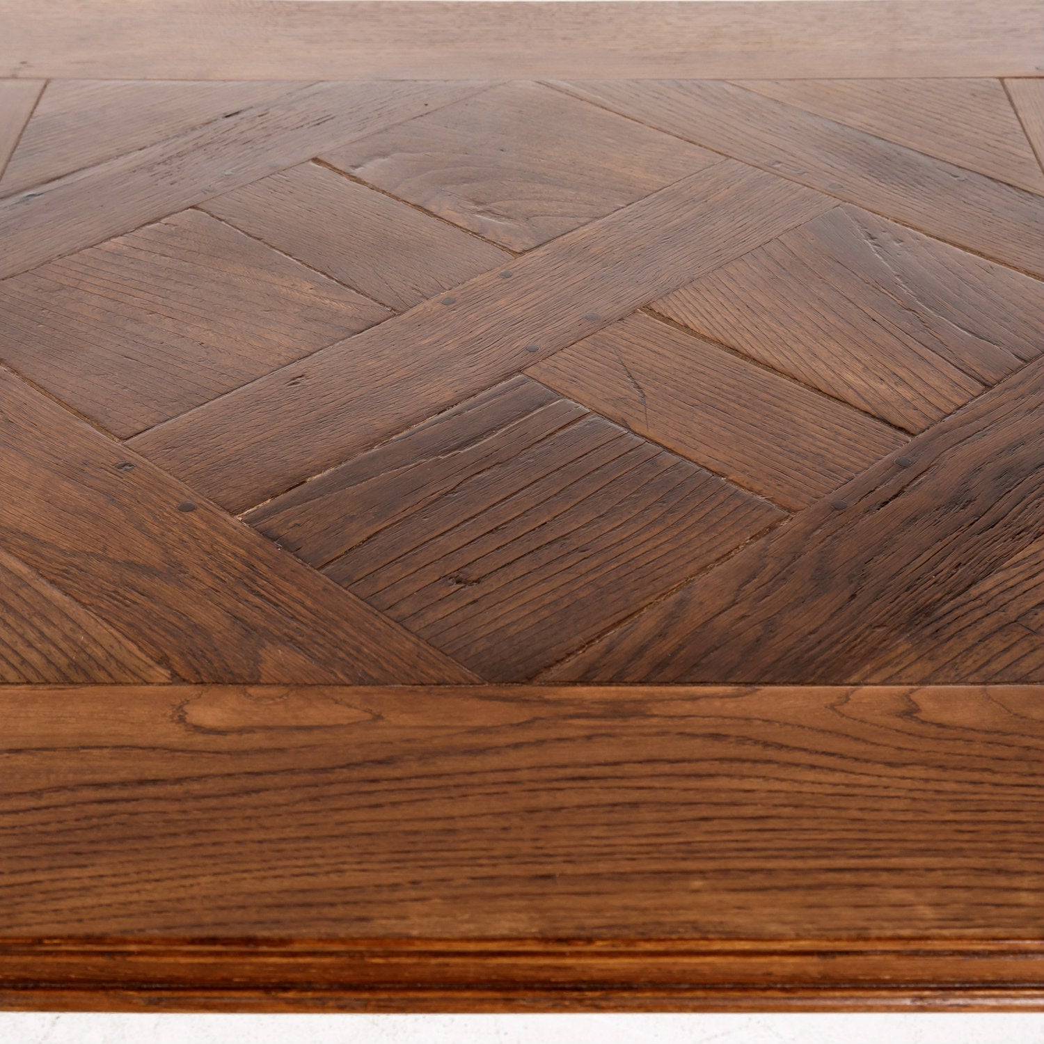 Impressive Antique French Walnut Trestle Table with Parquet de Versailles Top and Iron Stretcher