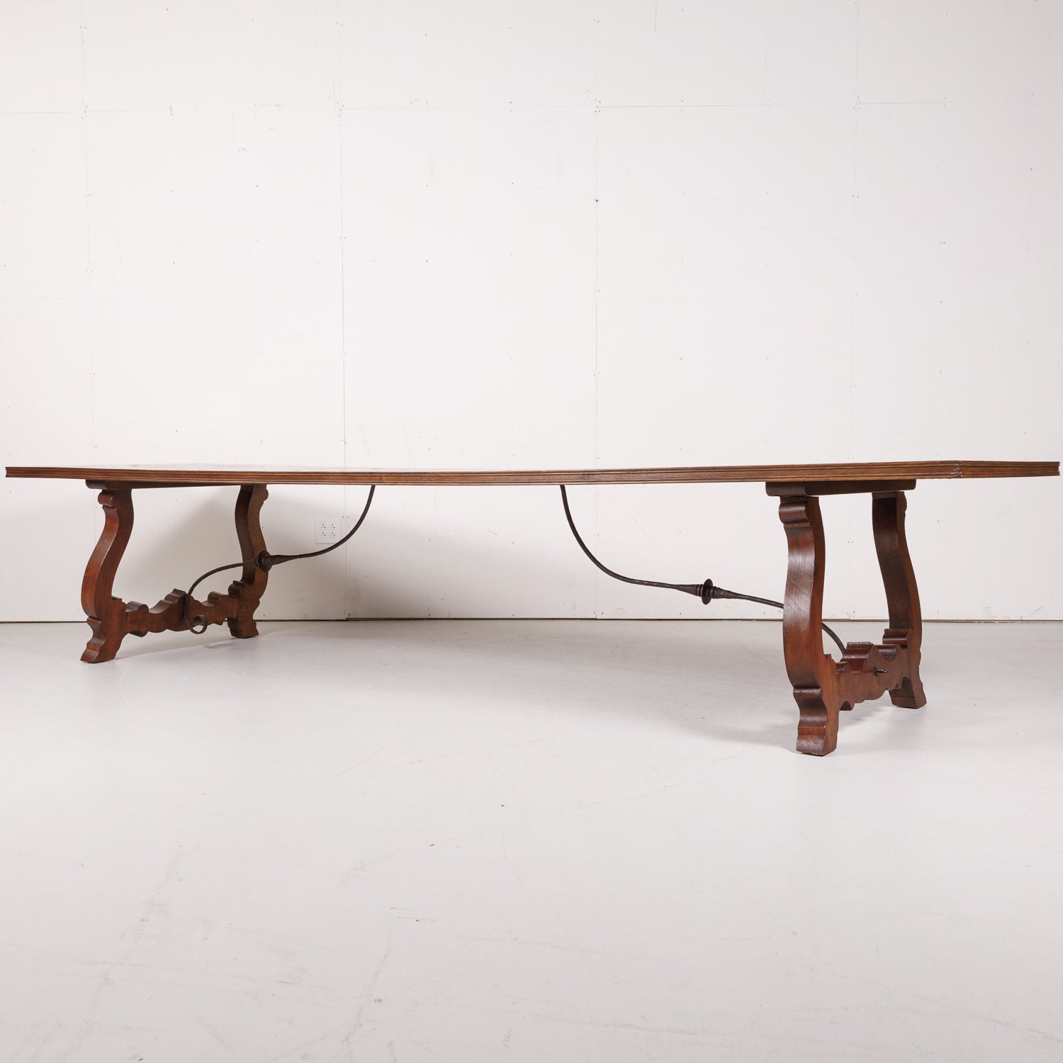 Impressive Antique French Walnut Trestle Table with Parquet de Versailles Top and Iron Stretcher