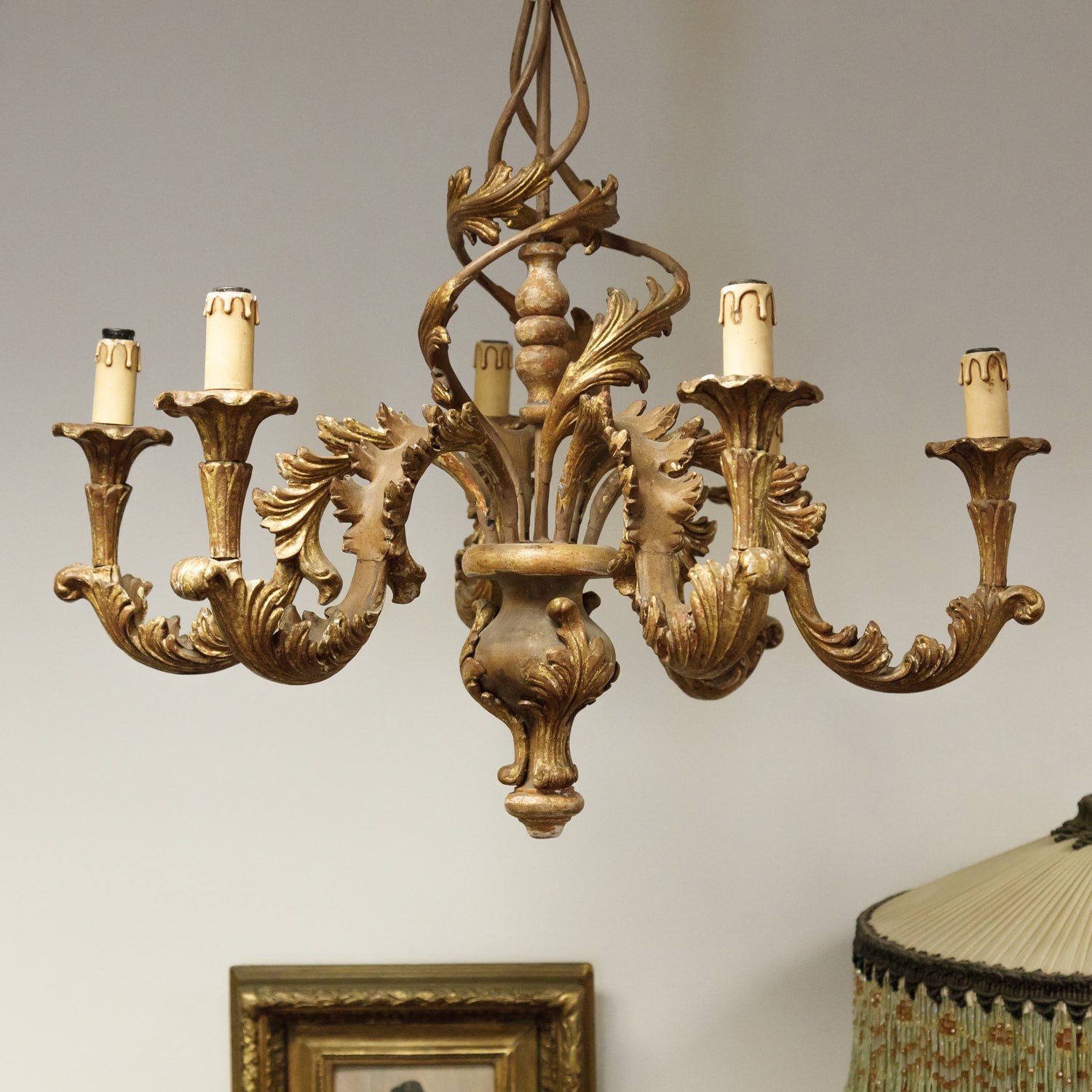 Italian Rococo Style Six-Light Painted and Parcel Gilt Wood Chandelier