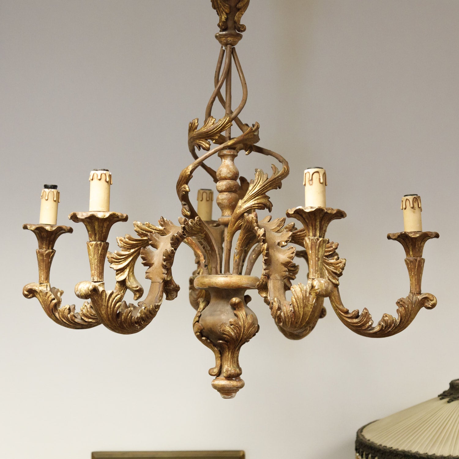 Italian Rococo Style Six-Light Painted and Parcel Gilt Wood Chandelier