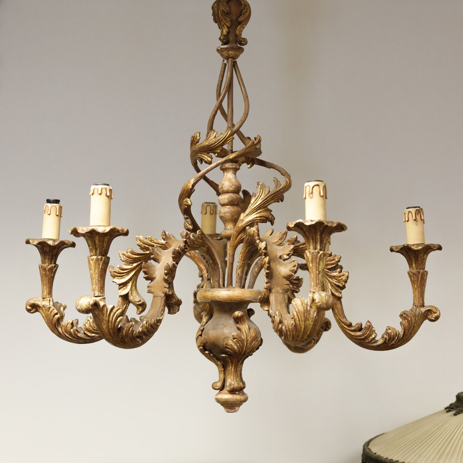 Italian Rococo Style Six-Light Painted and Parcel Gilt Wood Chandelier