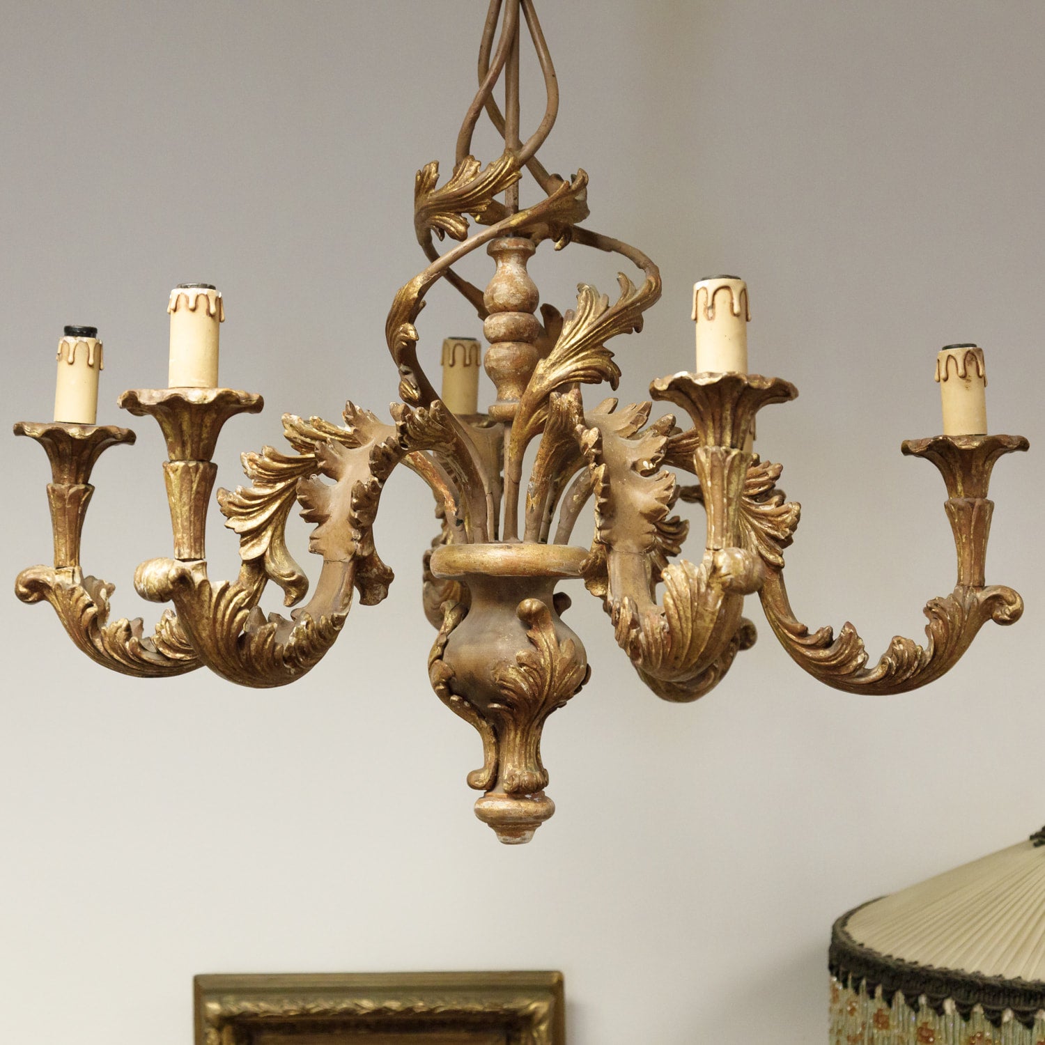 Italian Rococo Style Six-Light Painted and Parcel Gilt Wood Chandelier
