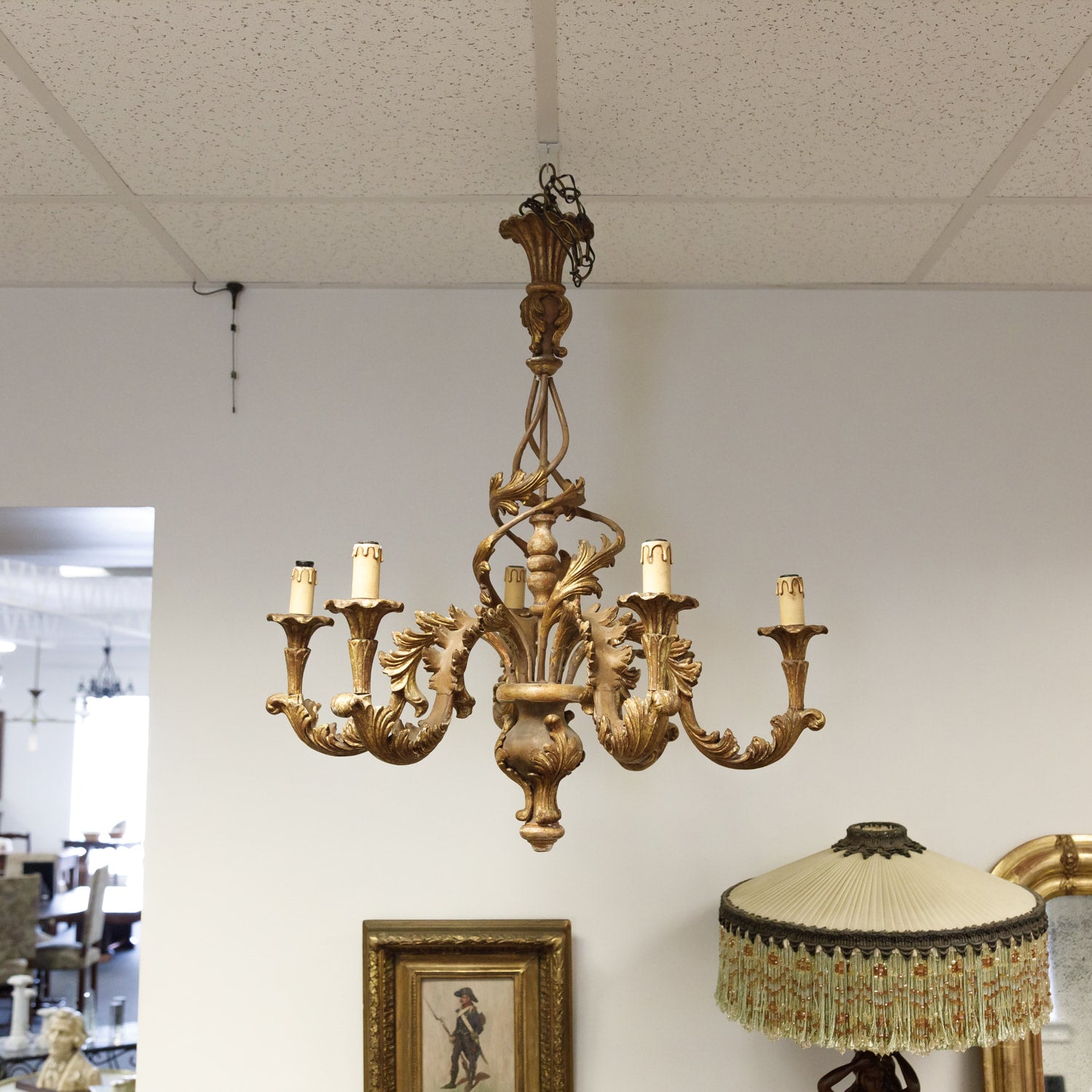 Italian Rococo Style Six-Light Painted and Parcel Gilt Wood Chandelier