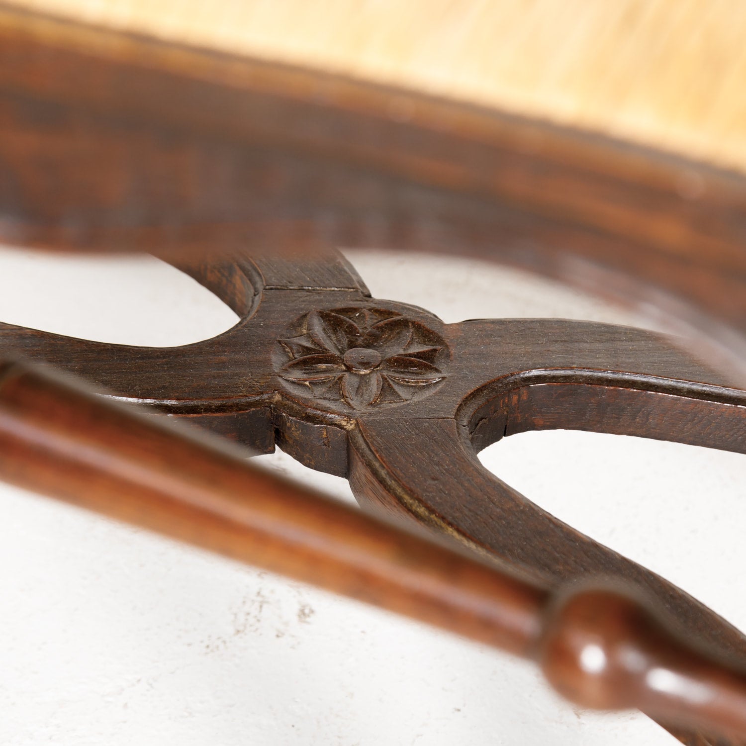 19th Century Country French Hand Carved Oak Rush Seat Armchair