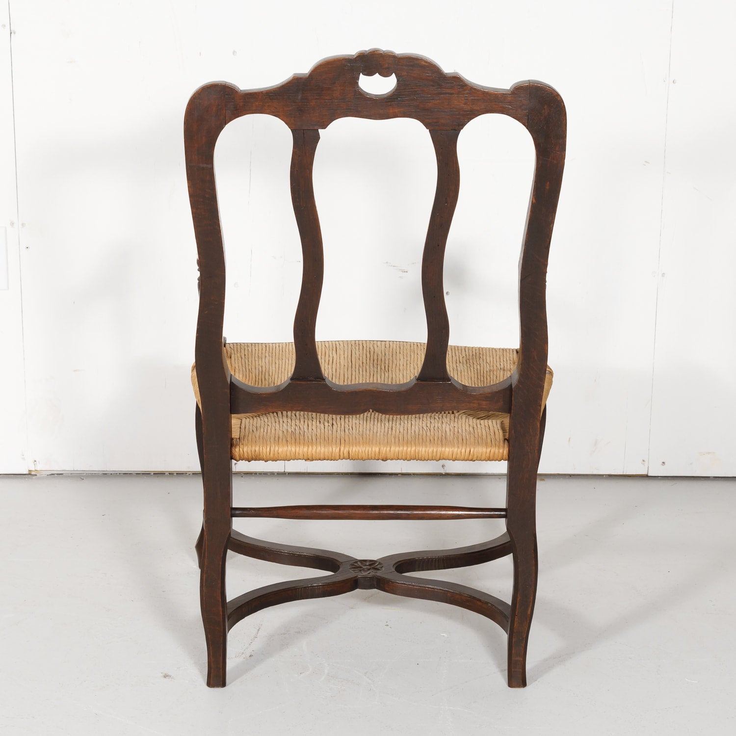 19th Century Country French Hand Carved Oak Rush Seat Armchair