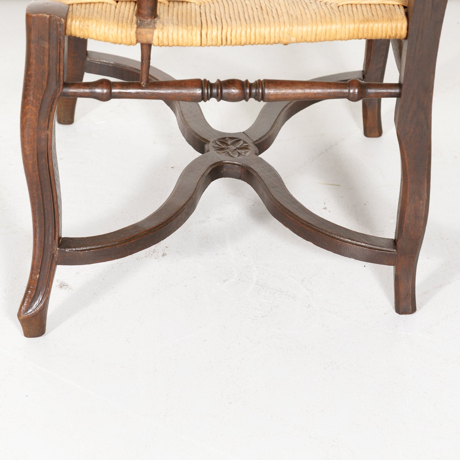19th Century Country French Hand Carved Oak Rush Seat Armchair