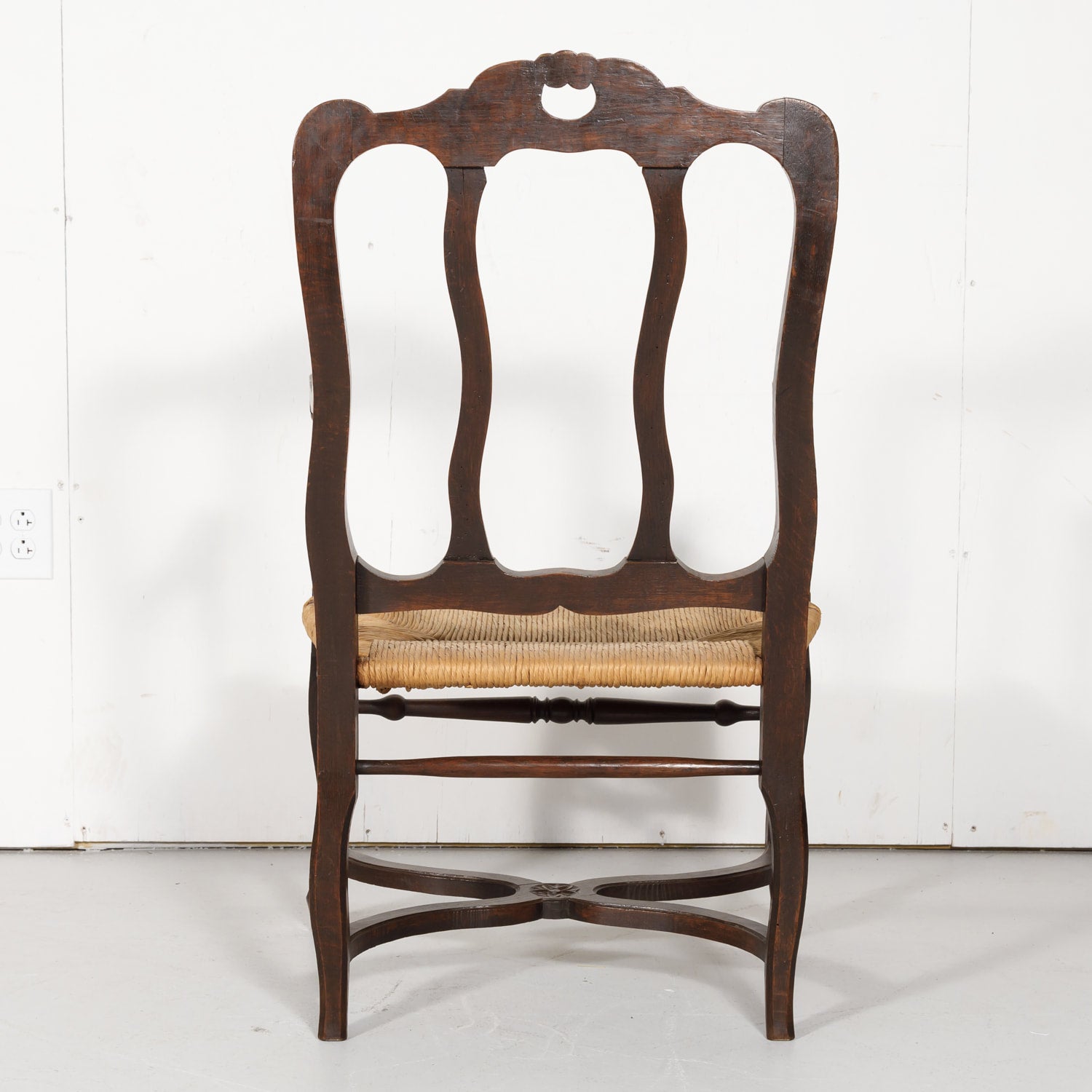 19th Century Country French Hand Carved Oak Rush Seat Armchair