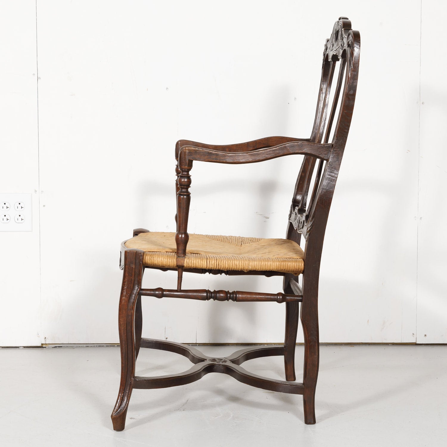19th Century Country French Hand Carved Oak Rush Seat Armchair