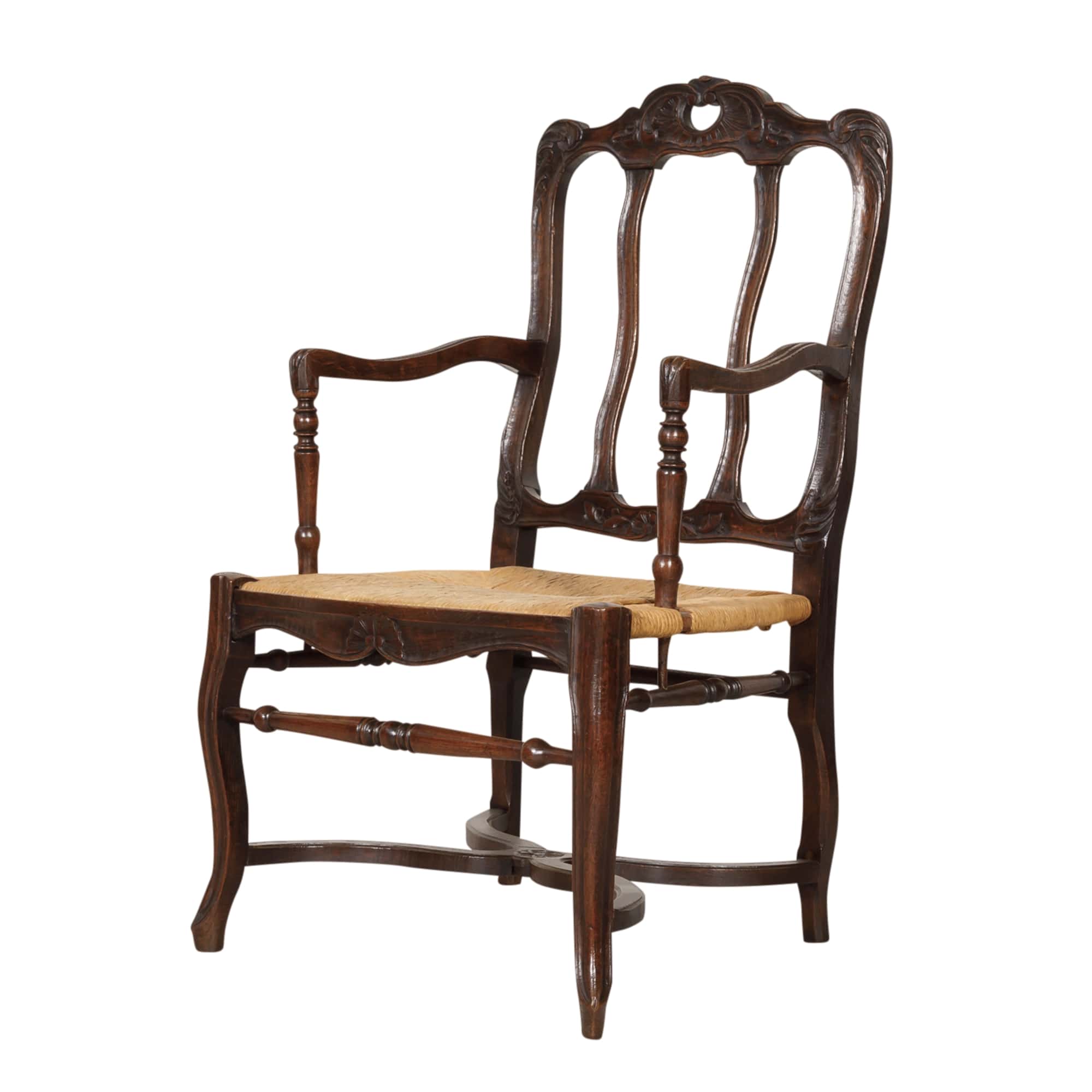 19th Century Country French Hand Carved Oak Rush Seat Armchair