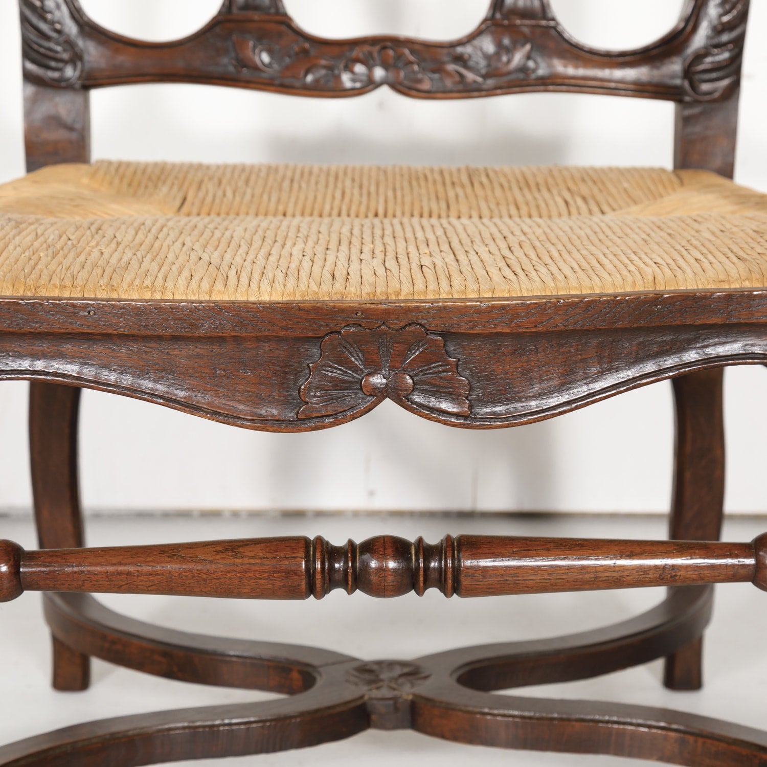 19th Century Country French Hand Carved Oak Rush Seat Armchair