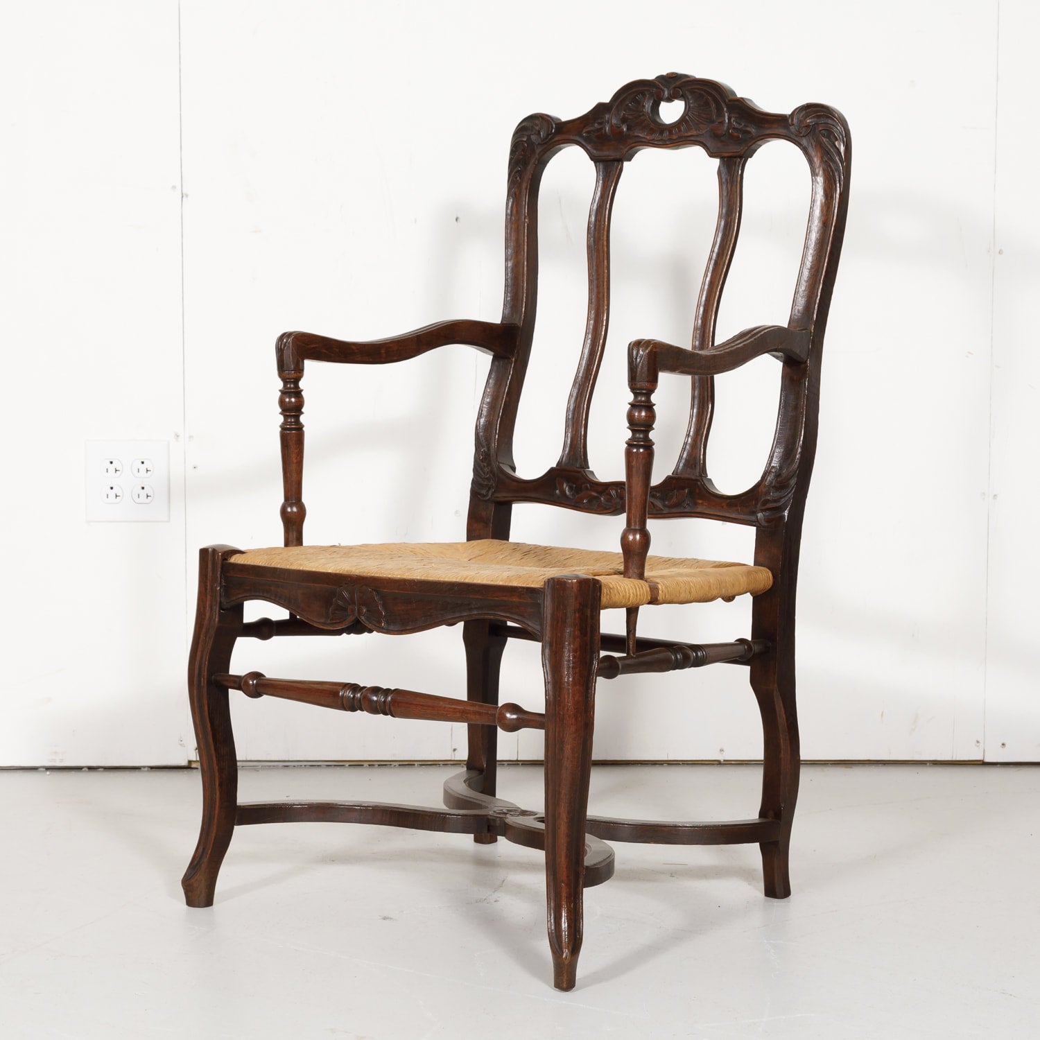 19th Century Country French Hand Carved Oak Rush Seat Armchair