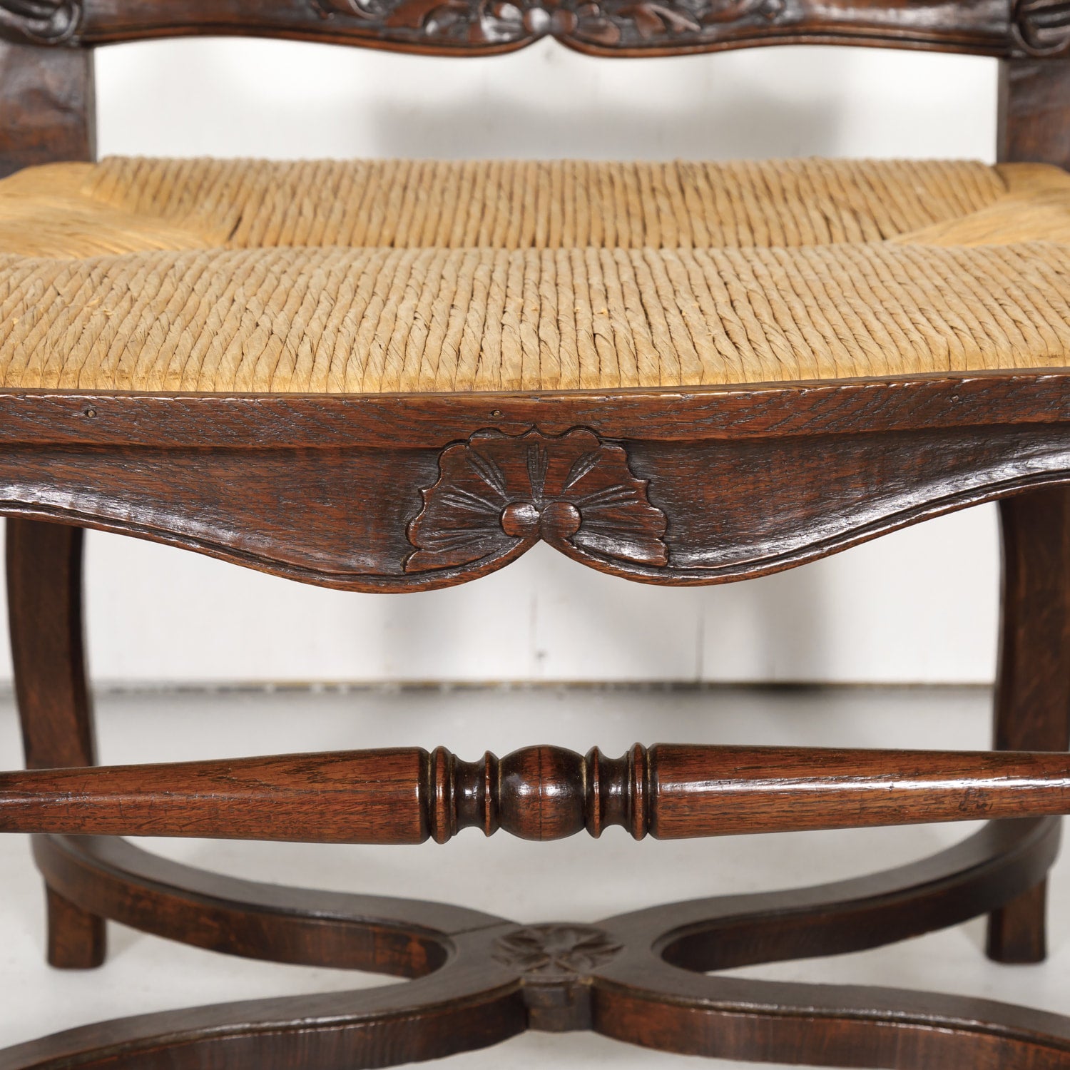 19th Century Country French Hand Carved Oak Rush Seat Armchair