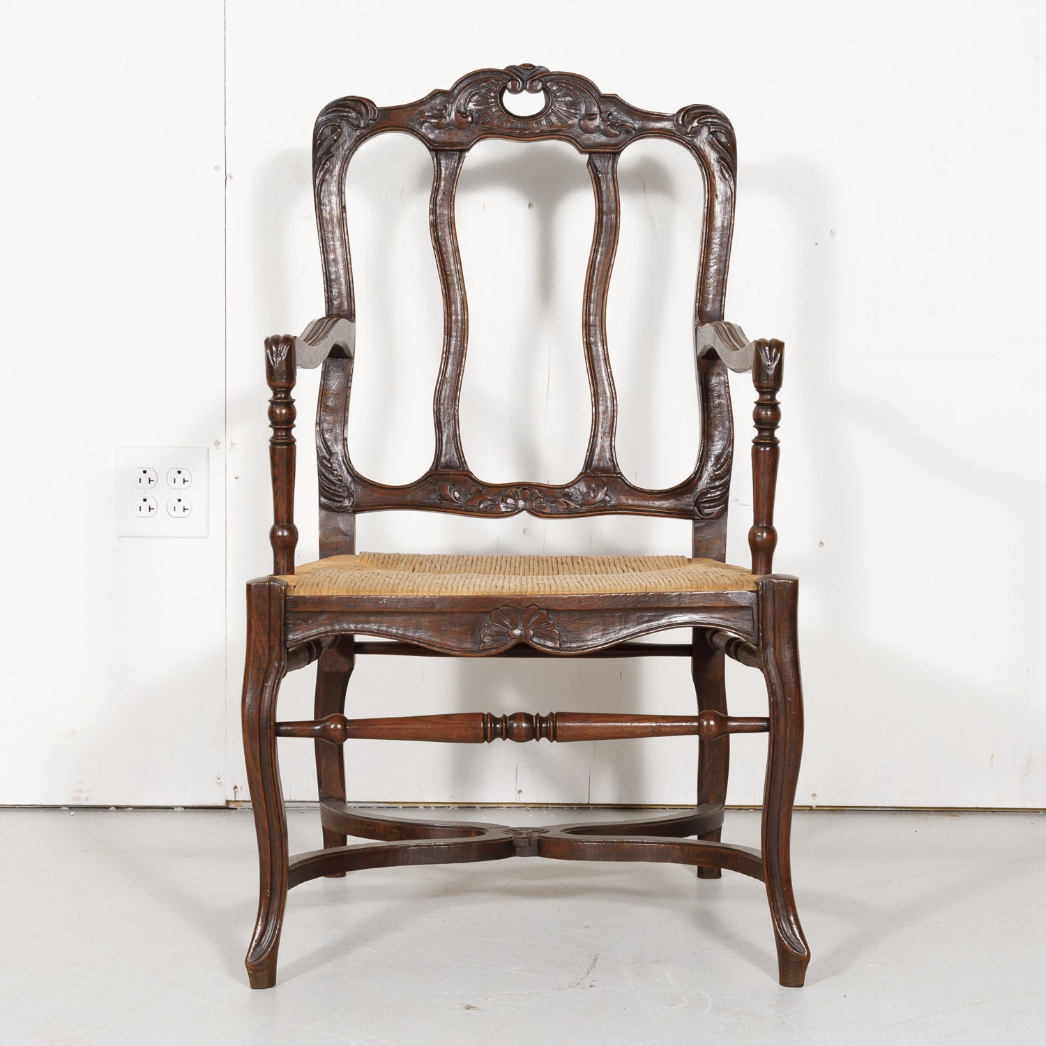 19th Century Country French Hand Carved Oak Rush Seat Armchair