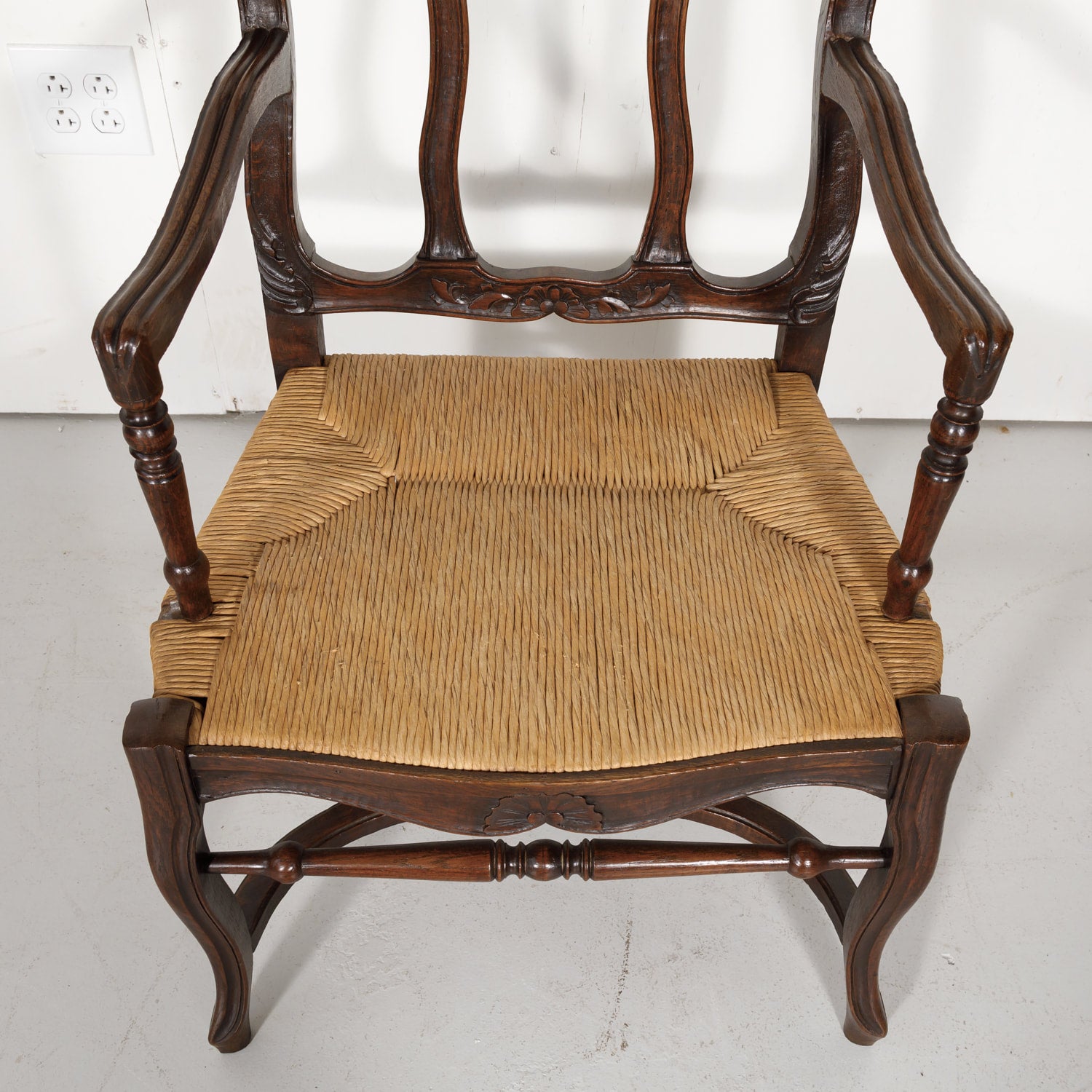 19th Century Country French Hand Carved Oak Rush Seat Armchair